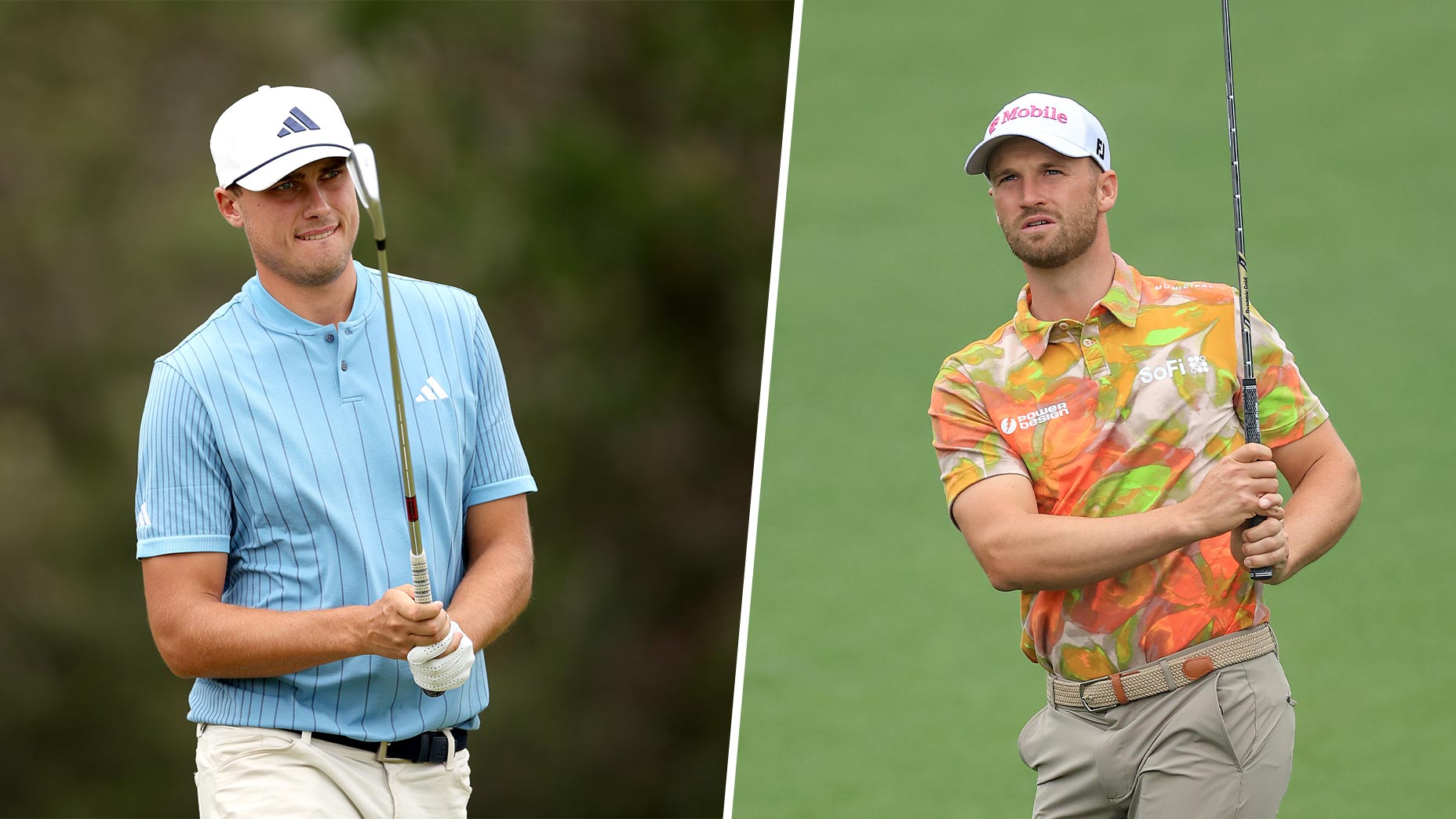 Ludvig Aberg and Wyndham Clark stand behind clubs separated by white line