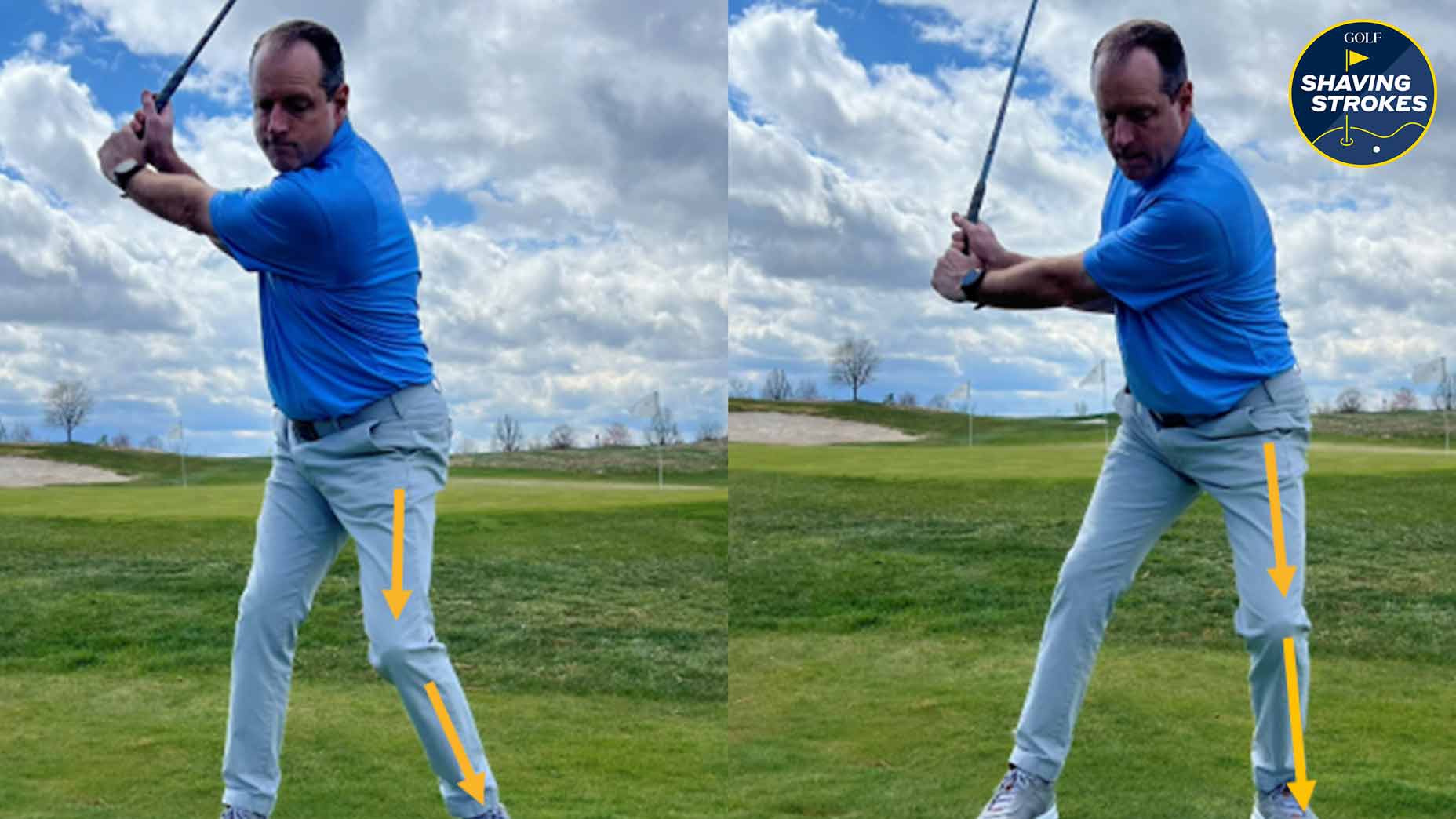 Golf instructor demonstrates wing drill