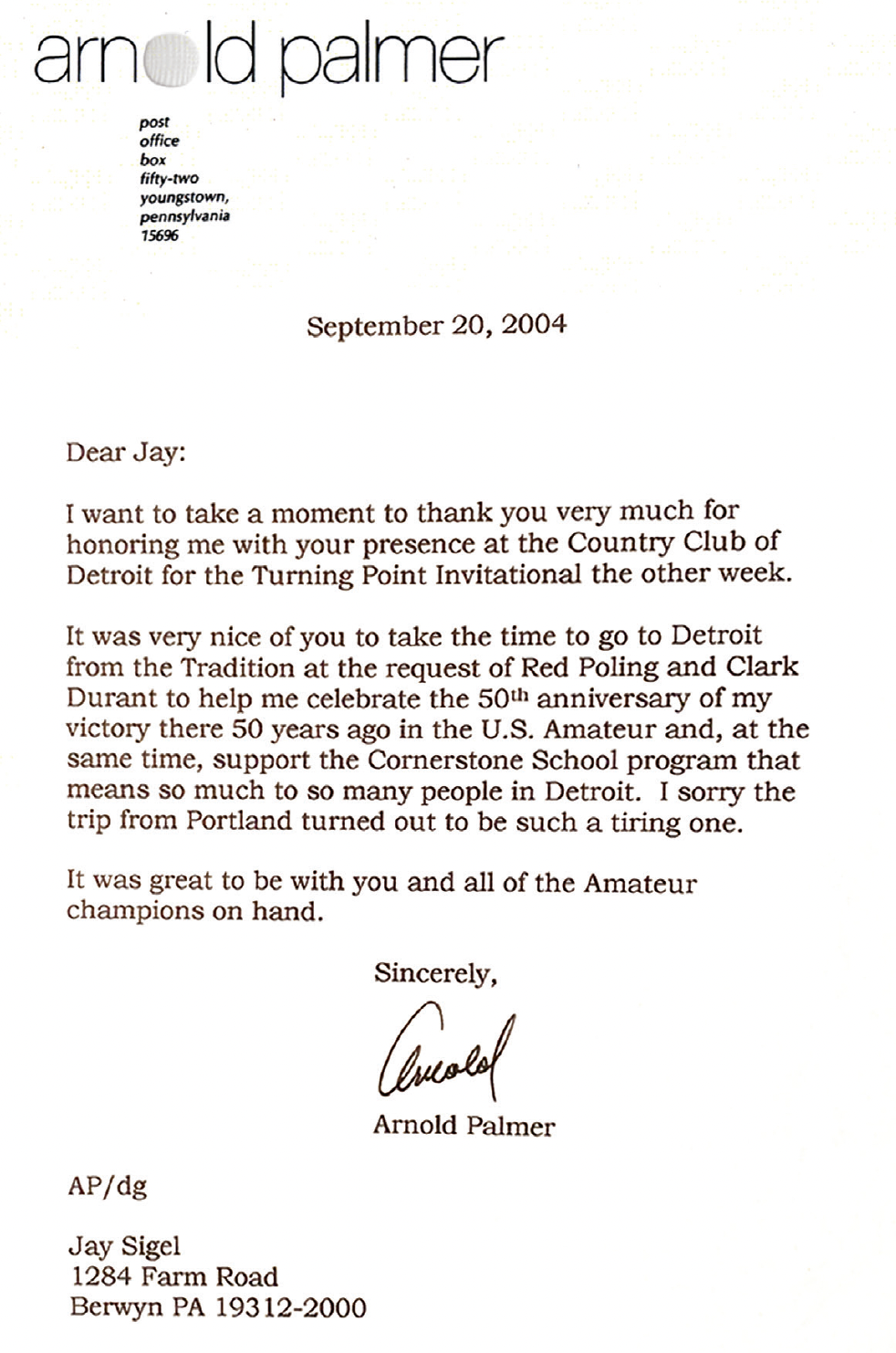 one of arnold palmer's famous letters