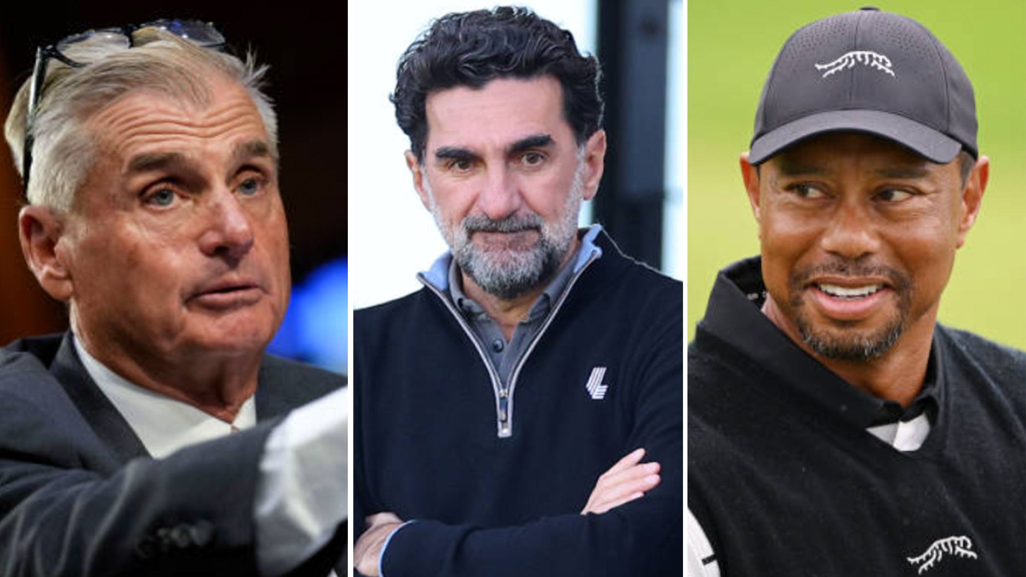 from left: jimmy dunne, yasir al-rumayyan, tiger woods