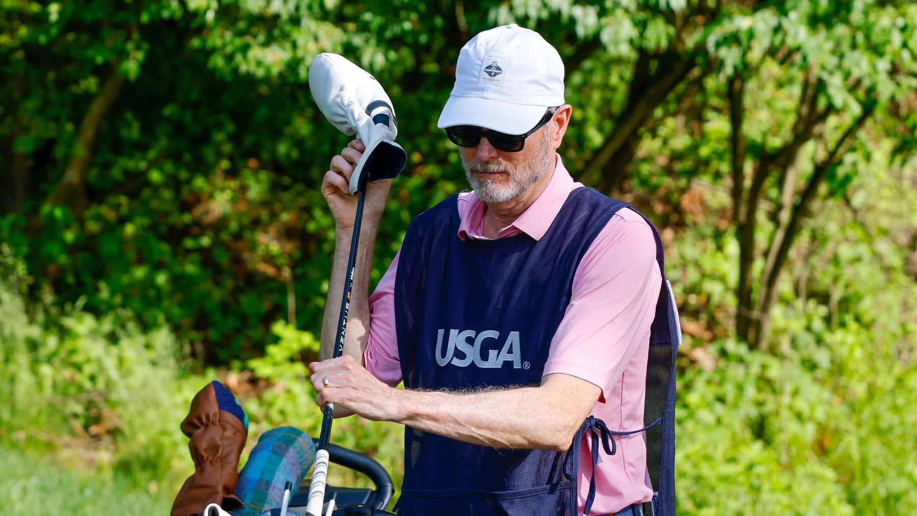 PJ Boatwright III as seen caddying for his sons&rsquo; during the first round of stroke play of the 2024 U.S. Amateur Four-Ball at Philadelphia Cricket Club in Philadelphia, Pa.