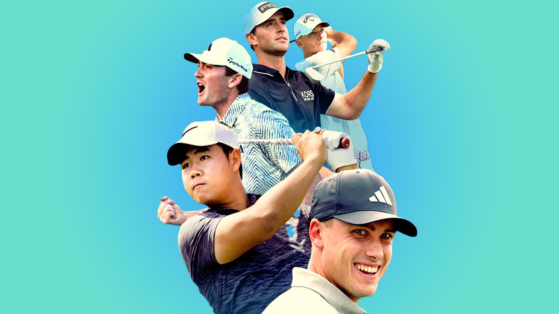 a photo illustration of ludvig aberg, tom kim, nick dunlap, austin eckroat and nicolai hojgaard