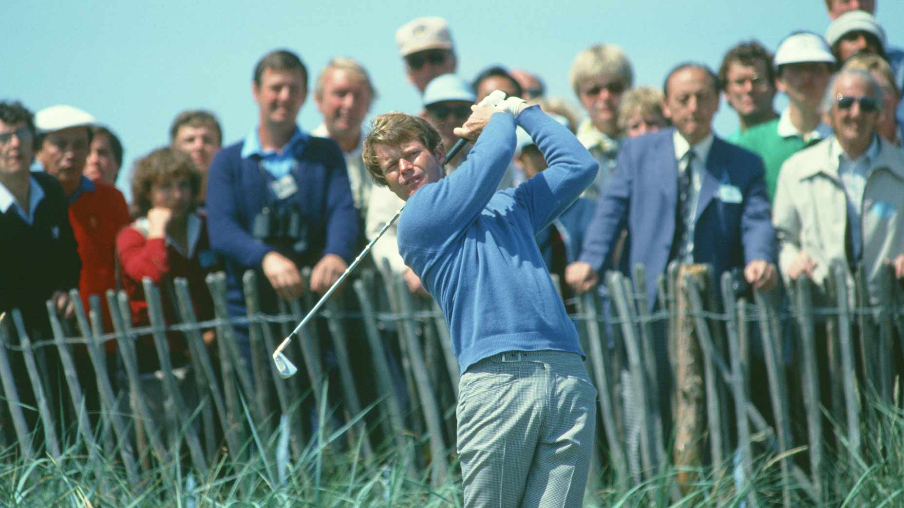 Tom Watson watches a shot during the 1982 Open Championship at Royal Troon Golf Club in Troon, Scotland. Watson won for his fourth of five Open titles.