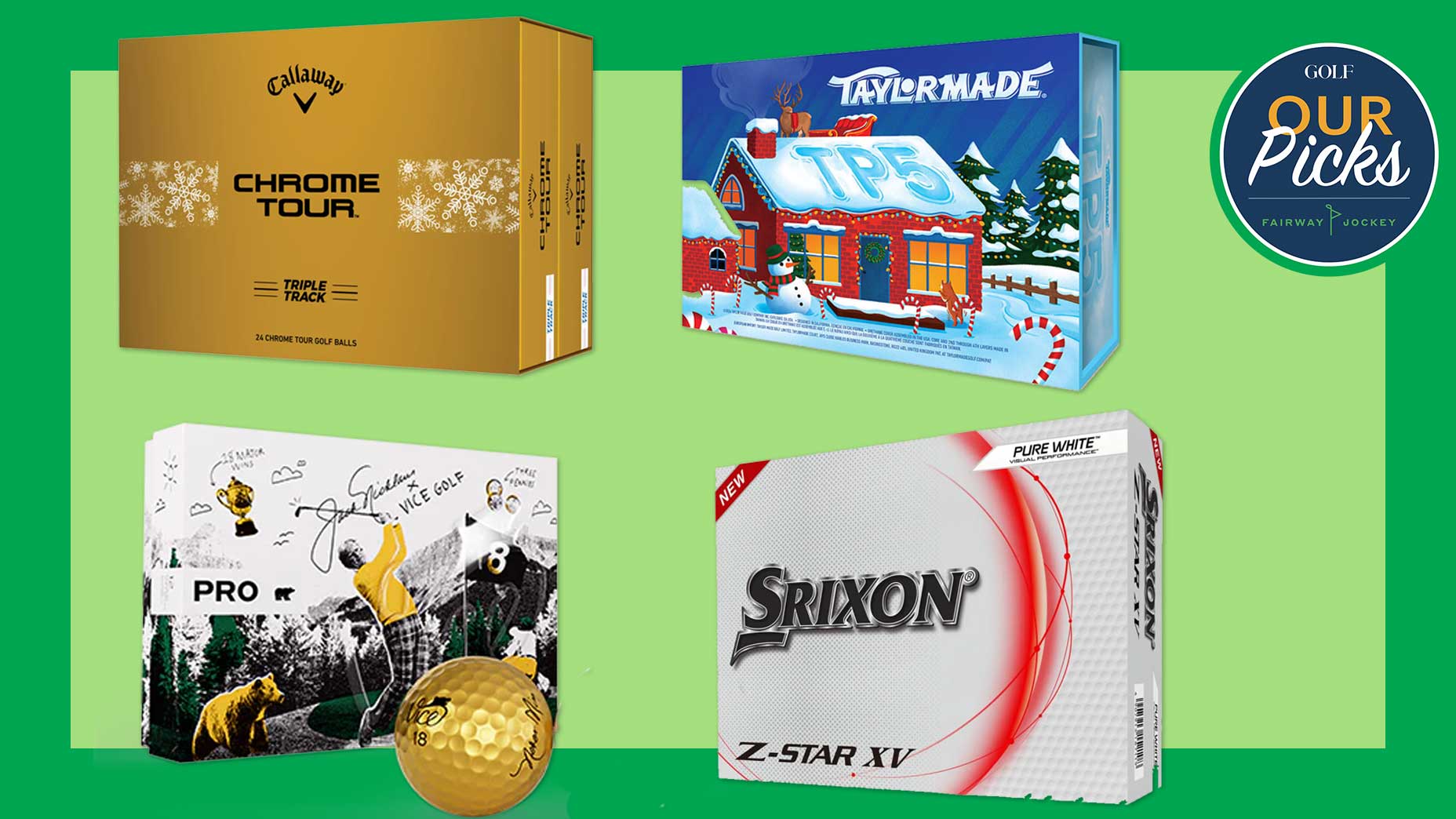 Four boxes of golf balls arranged on green background promoting holiday gift ideas