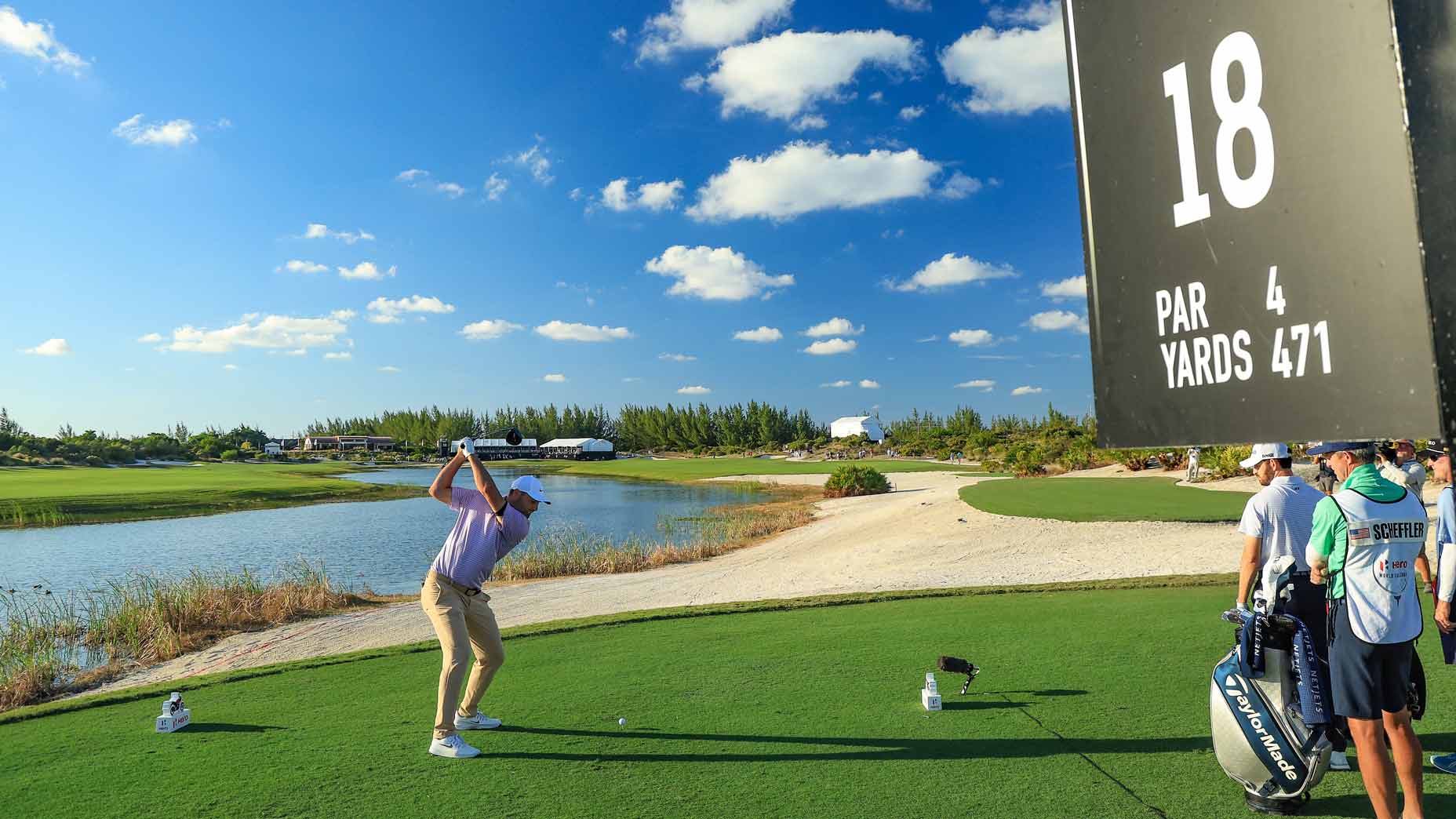 PGA Tour pro Scottie Scheffler of plays his tee shot on the 18th hole during the second round of the Hero World Challenge 2024 at Albany Golf Course.