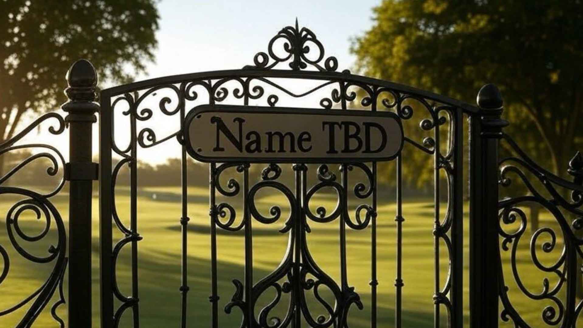 fence in front of a golf course with "course name tbd" sign