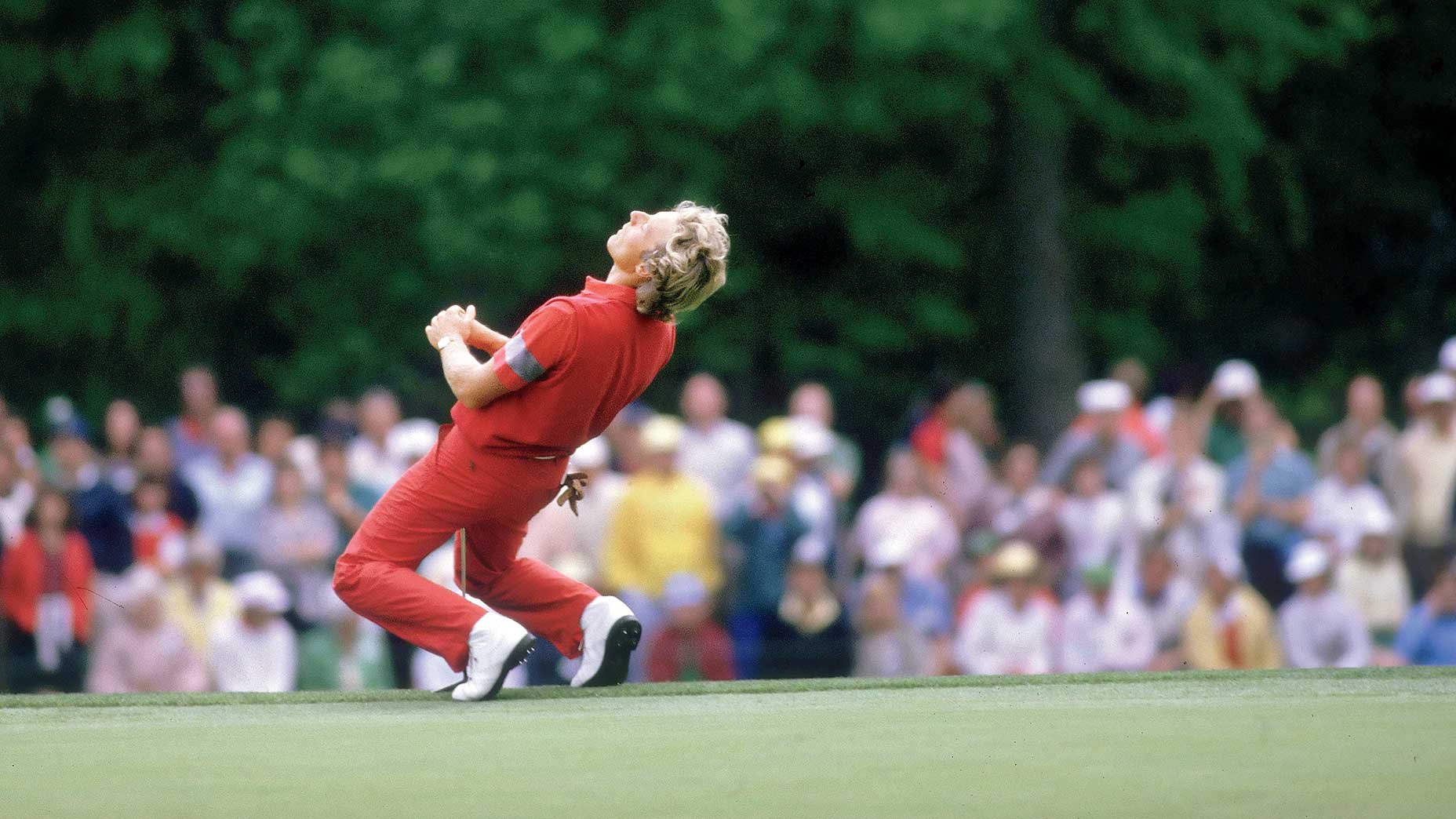 Bernhard Langer reacts to a missed putt