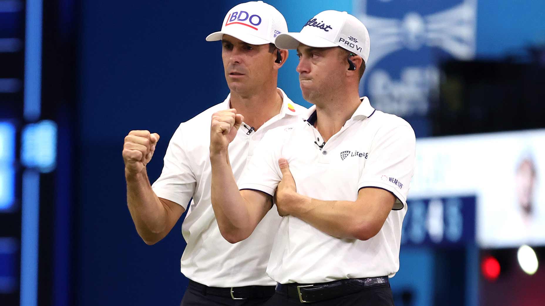 TGL payout: Billy Horschel and Justin Thomas of Atlanta Drive GC react after a putt by Patrick Cantlay on the 15th green during their TGL finals match.