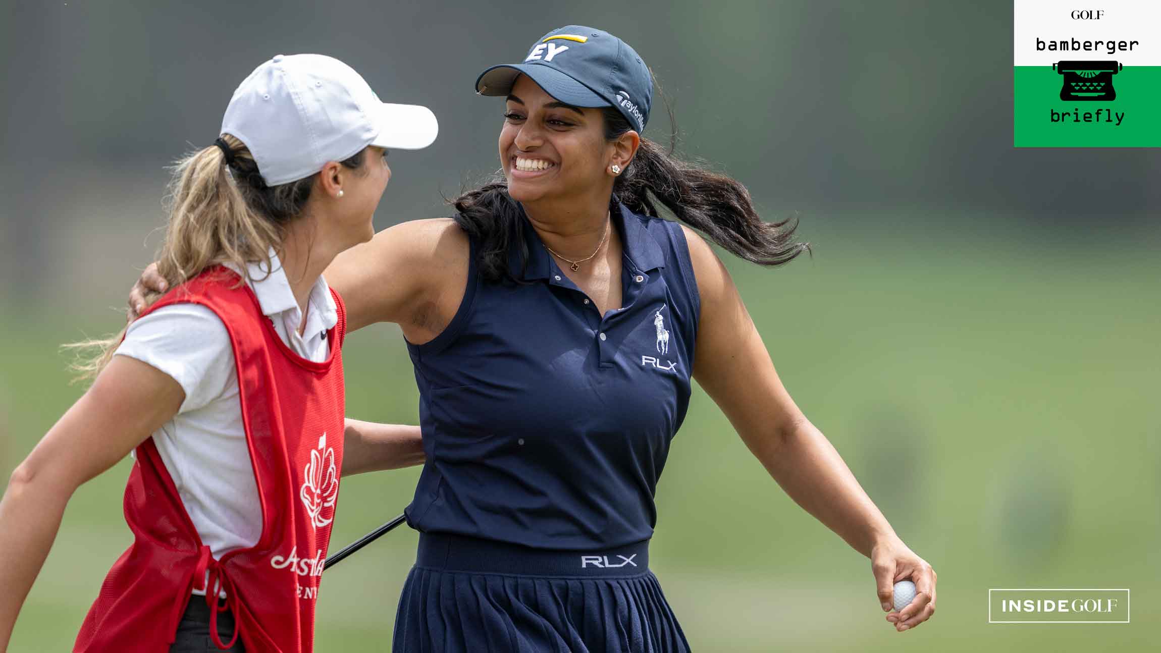 Megha Ganne is congratulated by the her caddie Brooke Riley after scoring a record 63 in the first round of the Augusta National Women's Amateur