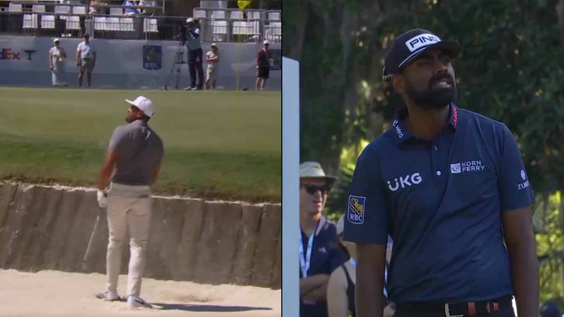 Tony Finau and Sahith Theegala react to unlucky breaks during the third round of the RBC Heritage.