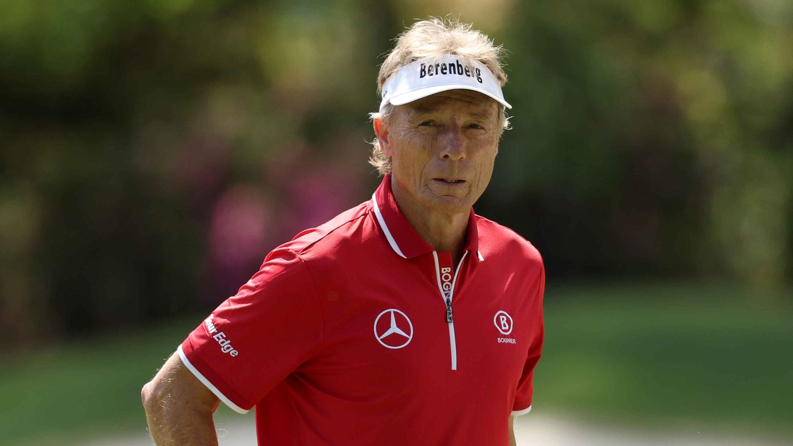 Bernhard Langer of Germany walks off the 13th green during the first round of the 2025 Masters Tournament at Augusta National Golf Club