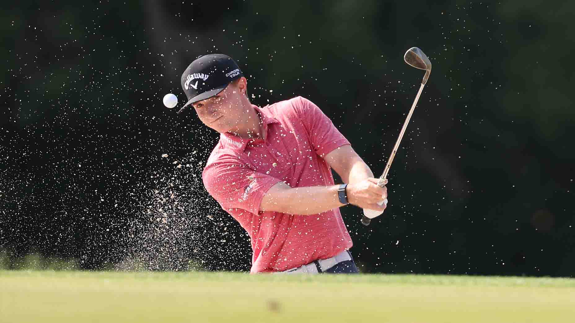 Blades Brown plays a shot from the bunker during the Veritex Bank Championship