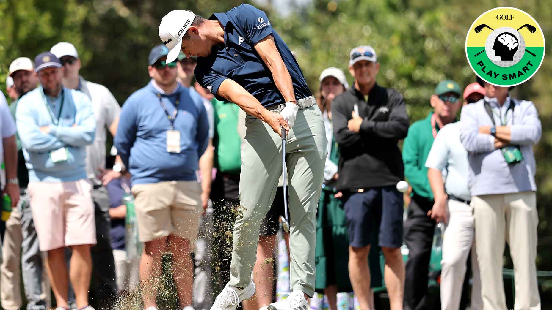 collin morikawa hits an iron during the 2025 masters