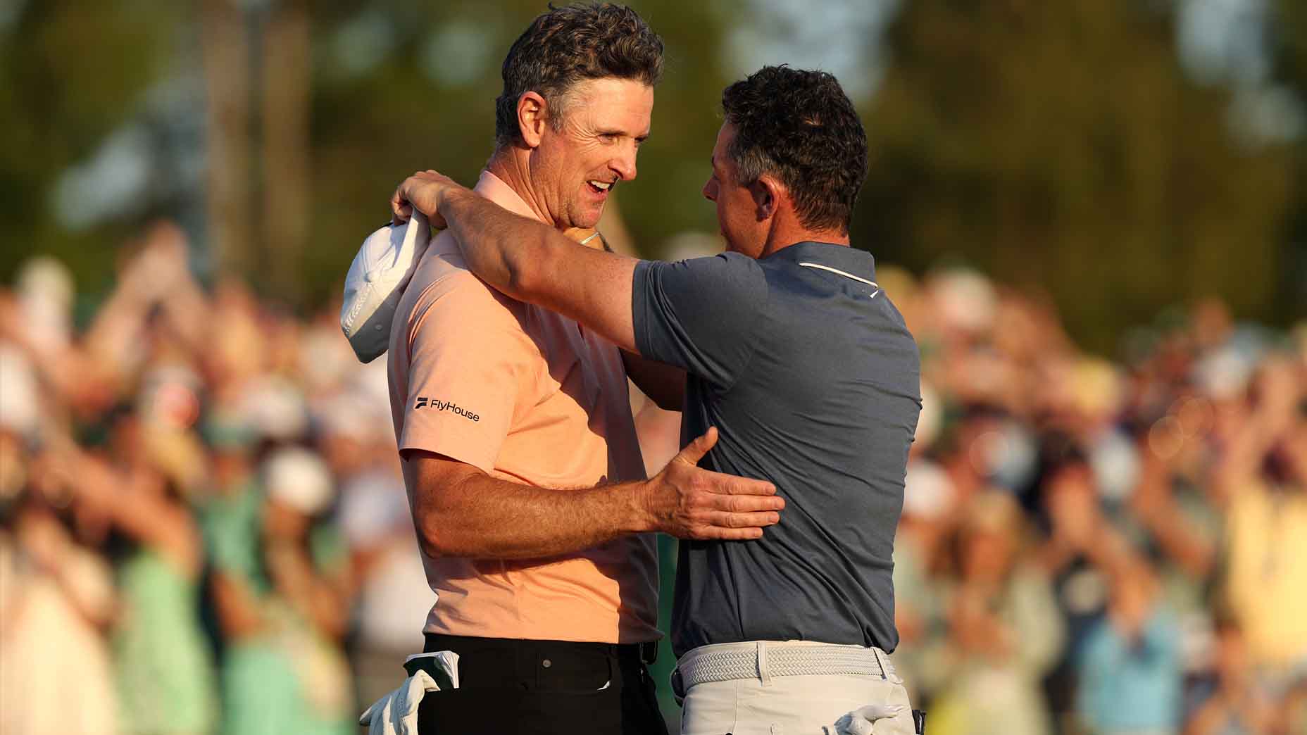 Justin Rose congratulates Rory McIlroy after the 2025 Masters.