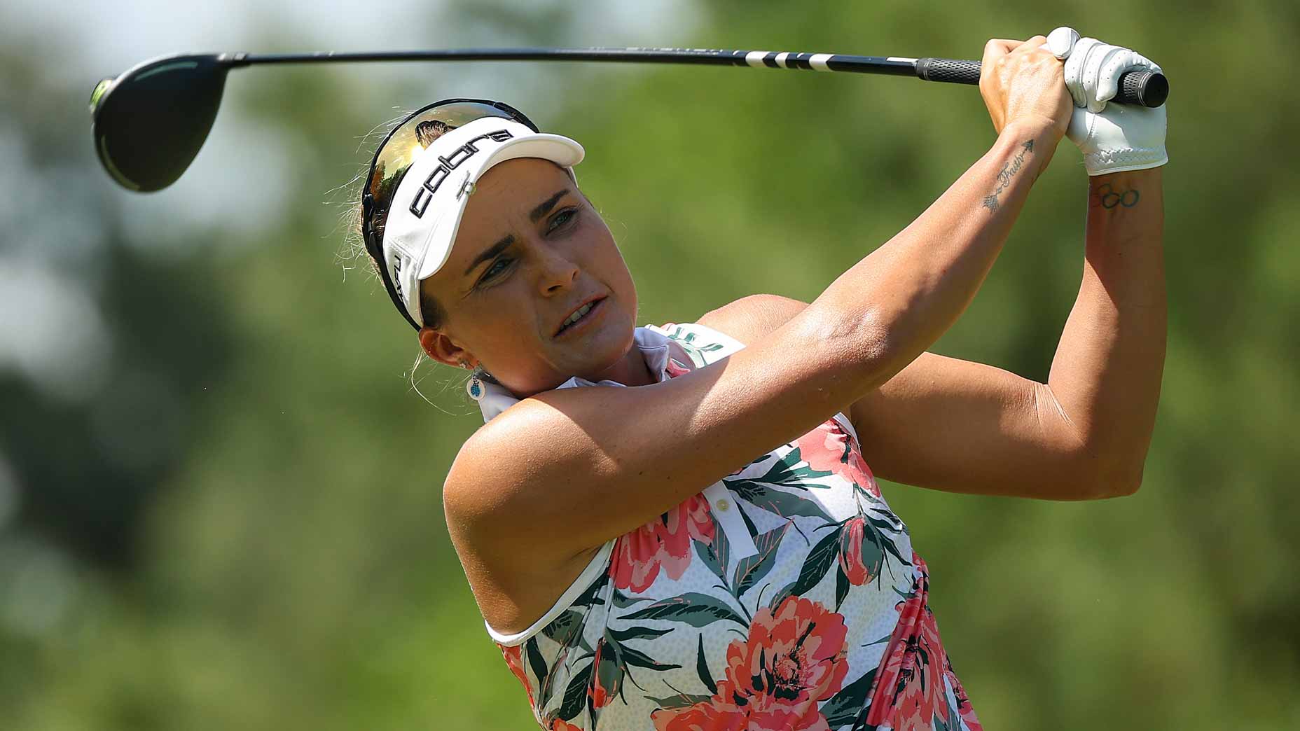 LPGA pro Lexi Thompson hits a shot from the second tee during the third round of the 2025 Chevron Championship at The Club at Carlton Woods on April 26, 2025 in The Woodlands, Texas.