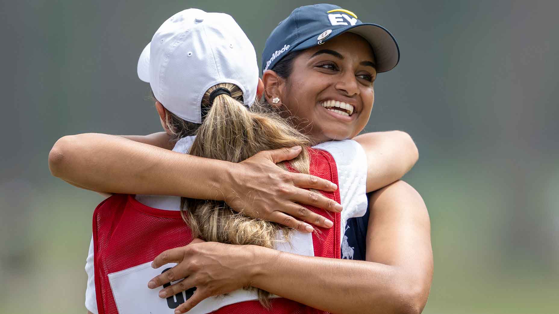 megha ganne hugs her caddie during the 2025 augusta national women's amateur