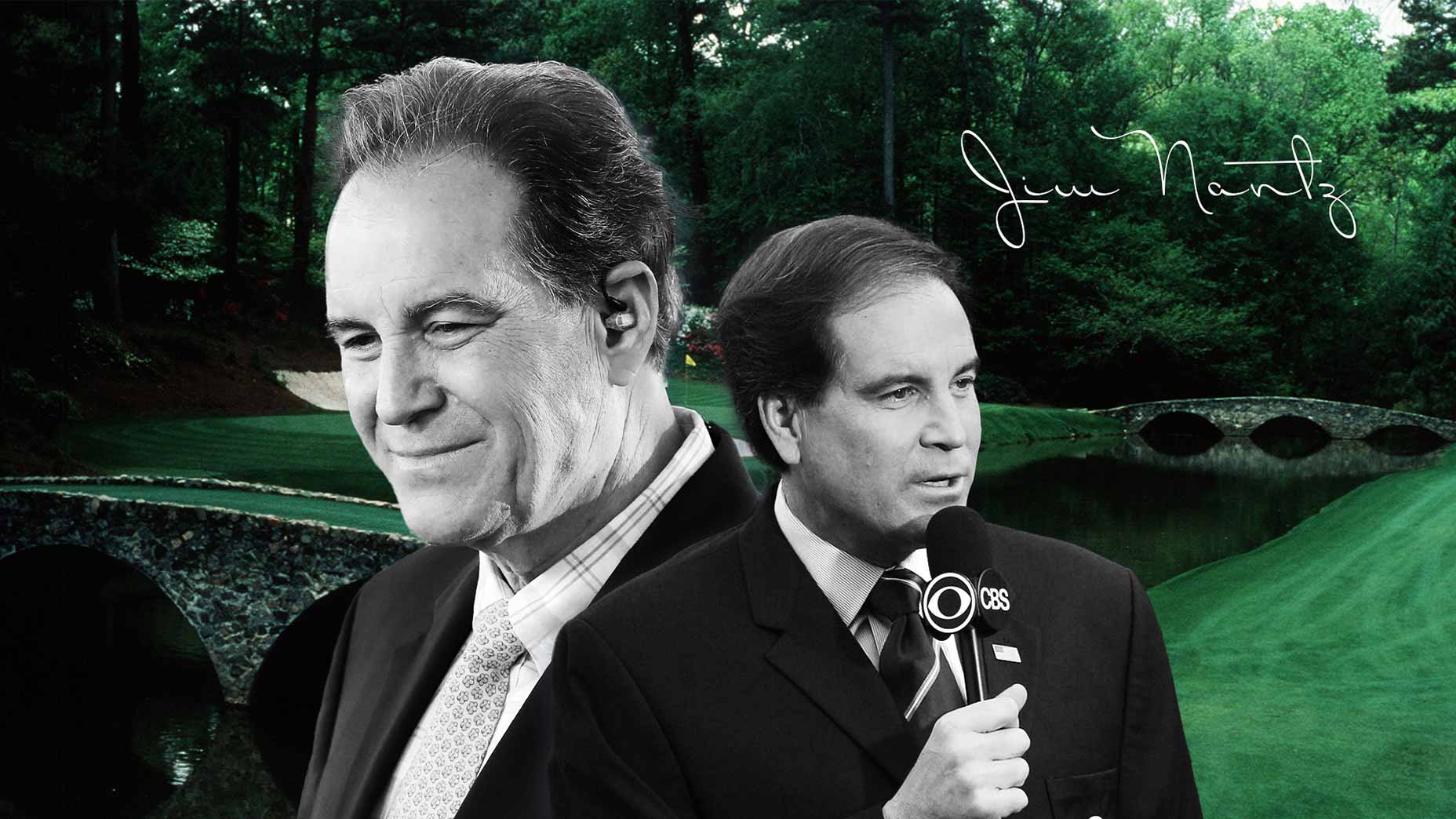 jim nantz stares into the distance in front of graphic at augusta national
