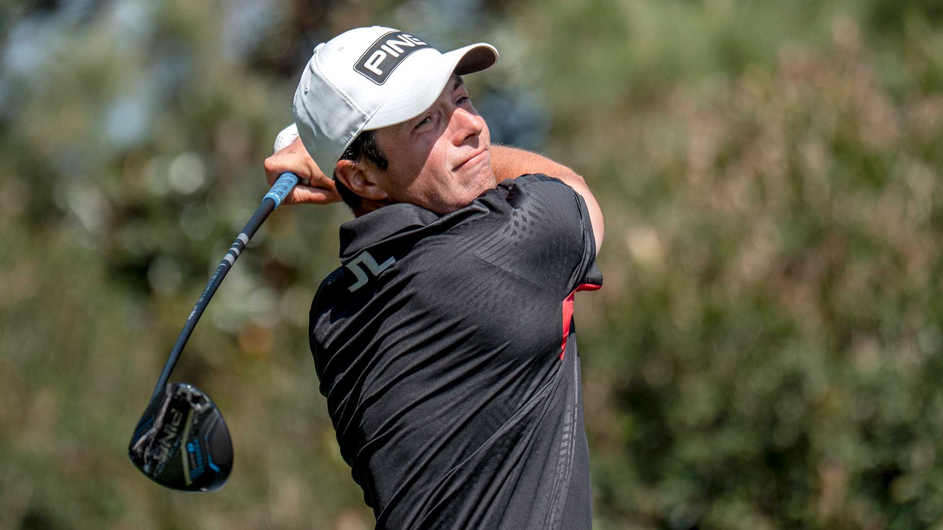 Viktor Hovland hits driver at the 2025 Masters.