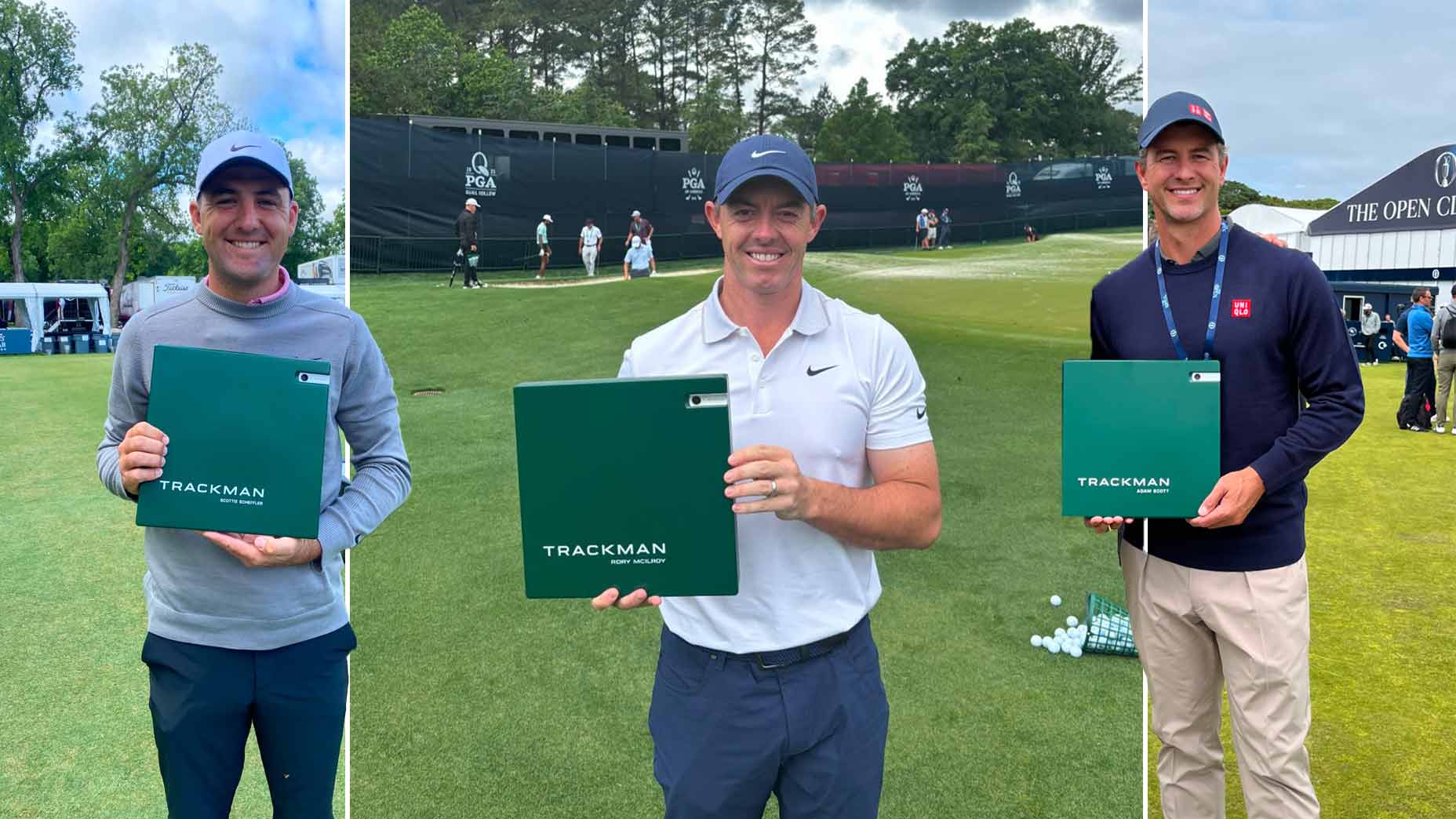 Scottie Scheffler, Rory McIlroy and Adam Scott hold their green Trackmans.