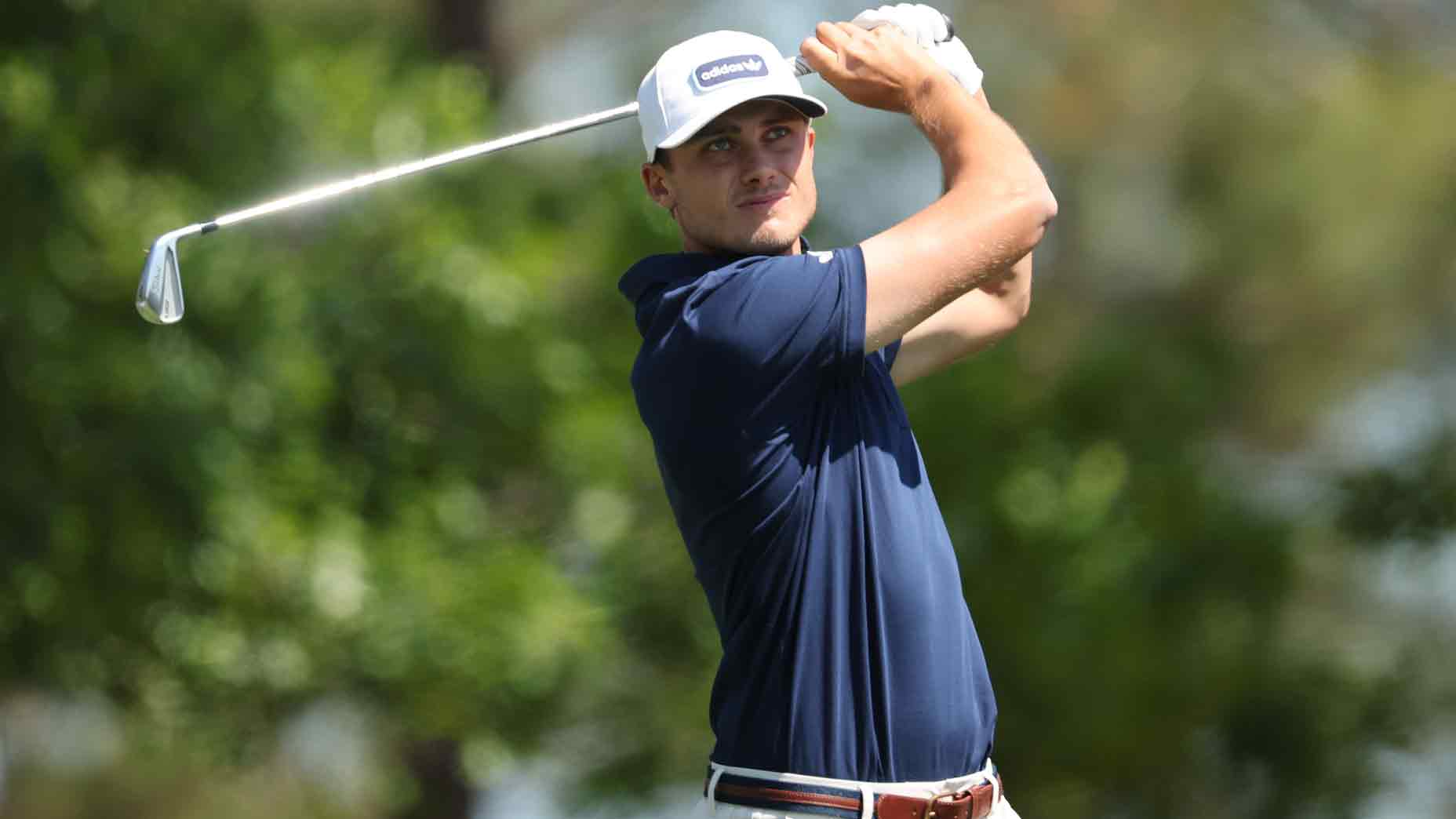 Ludvig Aberg of Sweden plays his shot from the fourth tee during the final round of the 2025 Masters Tournament at Augusta National Golf Club on April 13, 2025 in Augusta, Georgia