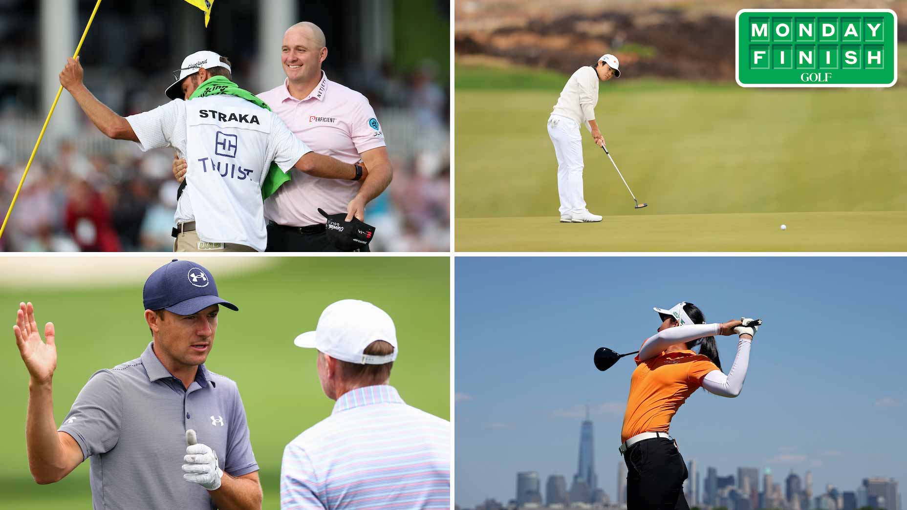 Sepp Straka and his fill-in caddie, Yani Tseng and her lefty putter, Jeeno Thitikul and the New York City skyline, Jordan Spieth gearing up for a grand slam effort (clockwise from top left).
