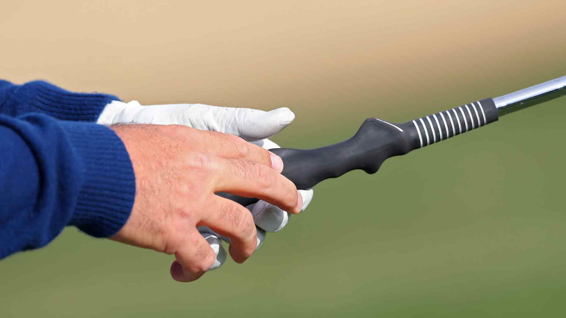 A detailed view of the grip alignment aid used by Scottie Scheffler of the PGA Tour before The Showdown: McIlroy and Scheffler v DeChambeau and Koepka at Shadow Creek Golf Course on December 16, 2024 in Las Vegas, Nevada.