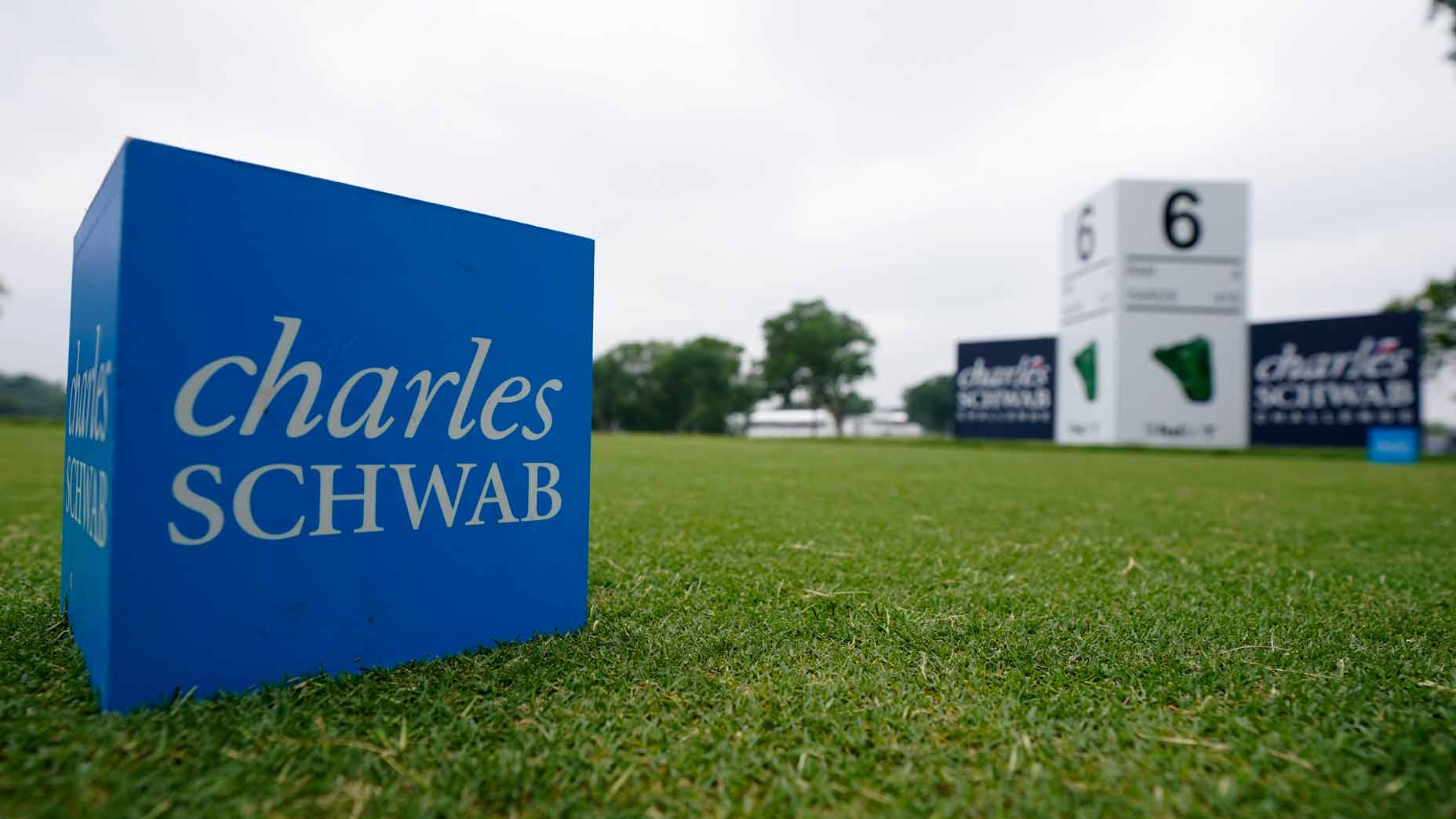A Charles Schwab Challenge tee marker is pictured during practice prior to the Charles Schwab Challenge at Colonial.