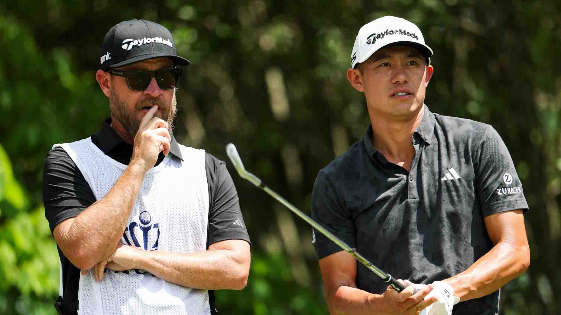 Collin Morikawa looks over a shot with caddied Joe Greiner at the 2025 Truist Championship.