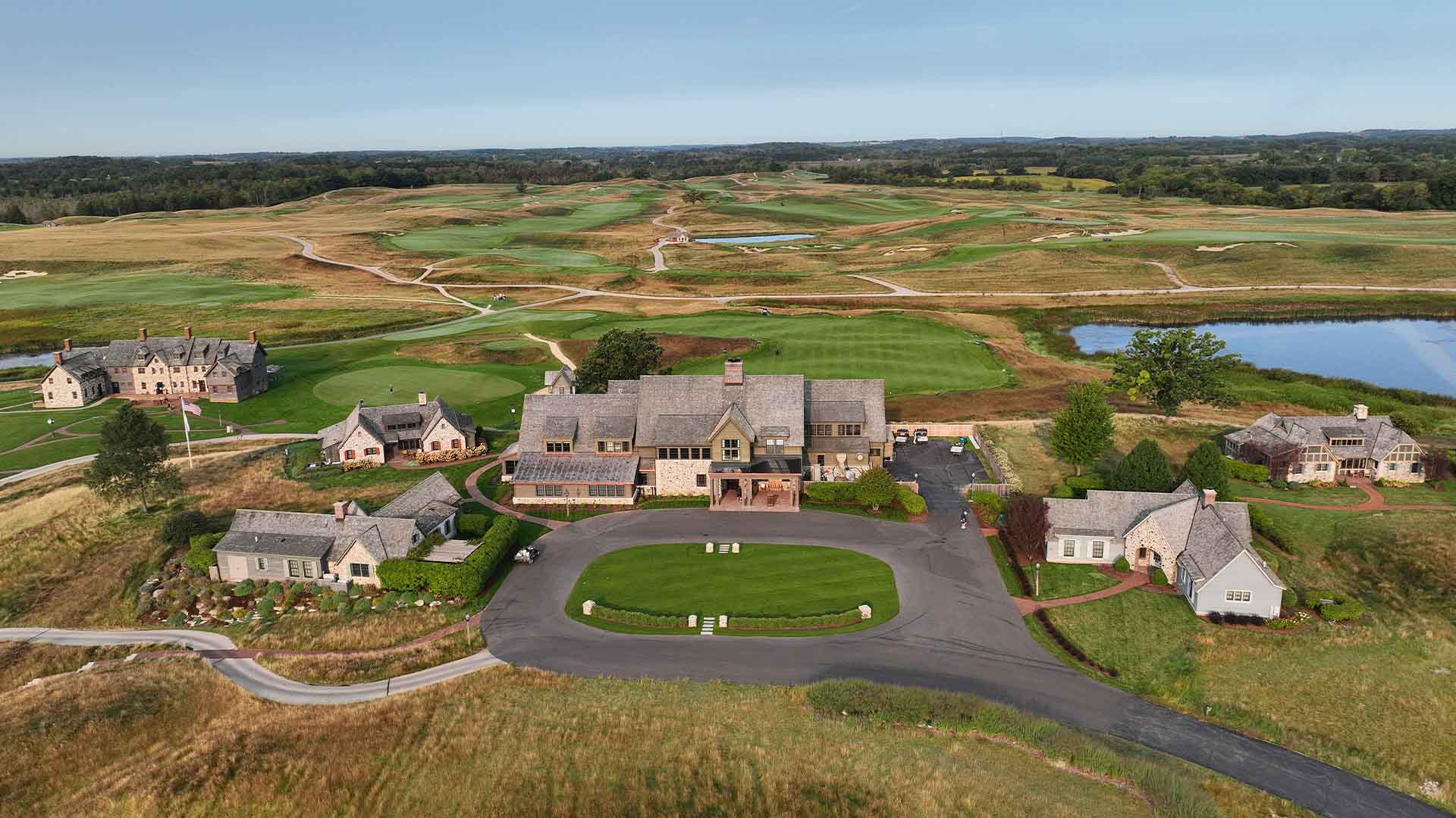 An aerial view of the clubhouse and lodge complex during previews for the 2025 U.S. Women’s Open at Erin Hills Golf Course
