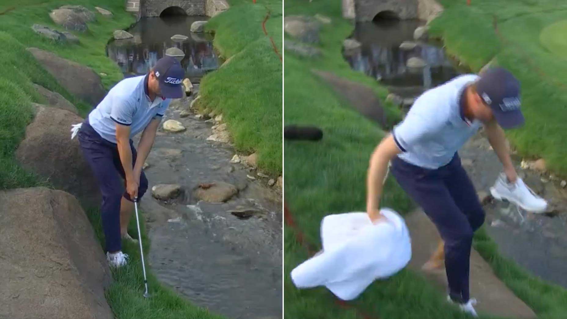 Justin Thomas makes a heroic shot from in between a rock and creek at the 2025 PGA Championship.