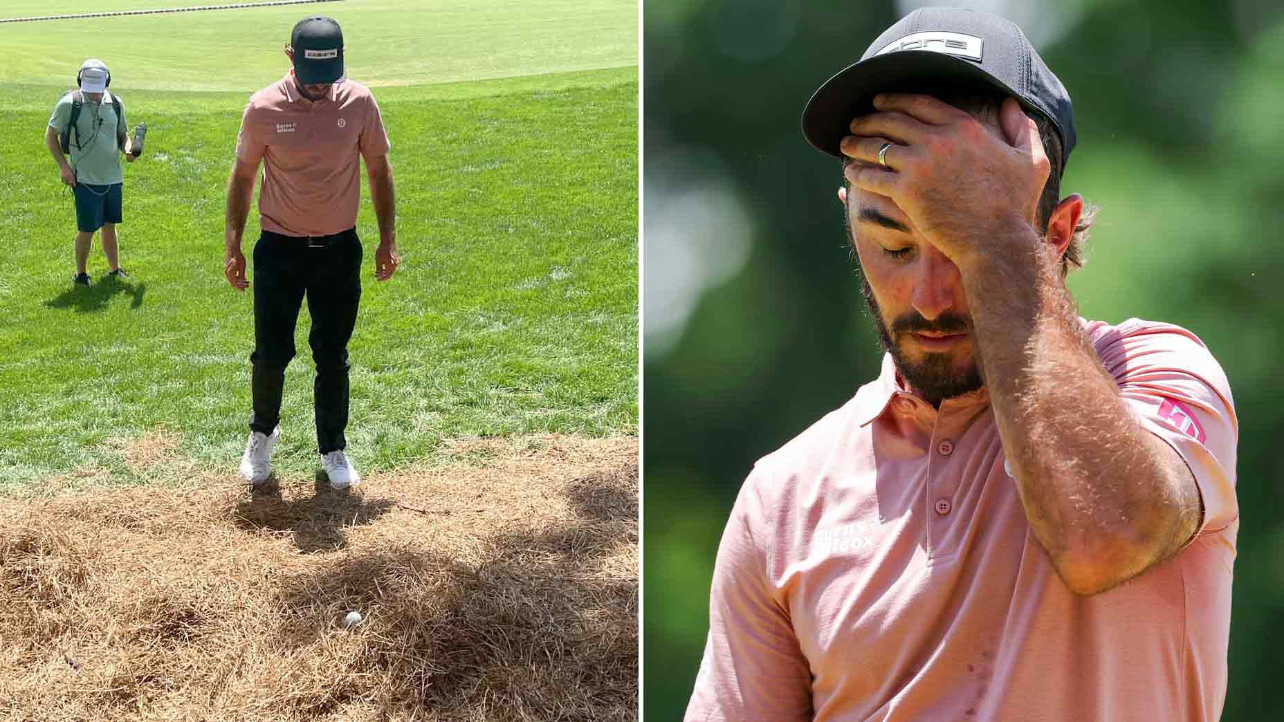 Two images of Max Homa staring at horrible lie in pine straw at 2025 PGA Championship.