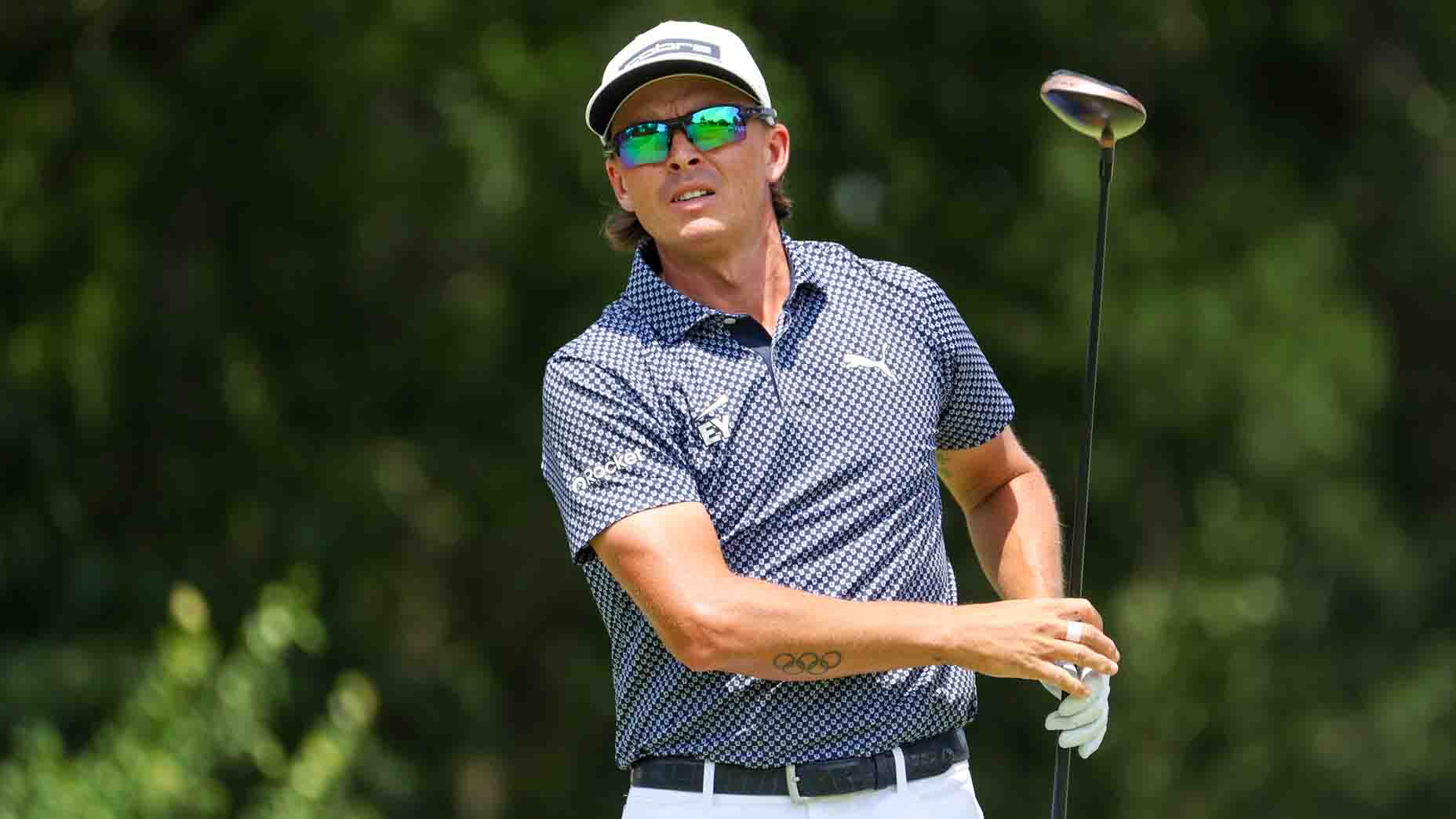 Rickie Fowler hits a shot during the third round of the 2025 Charles Schwab Challenge