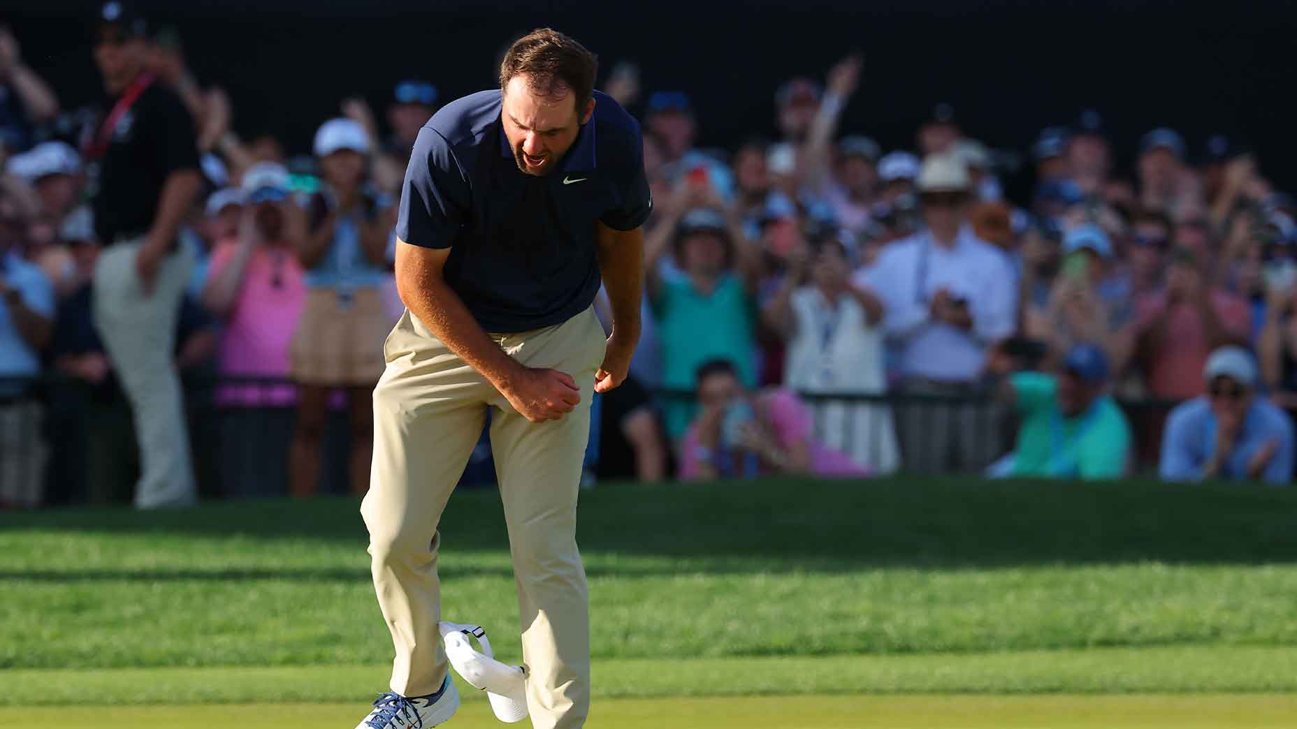 scottie scheffler tosses hat at the PGA Championship at Quail Hollow..