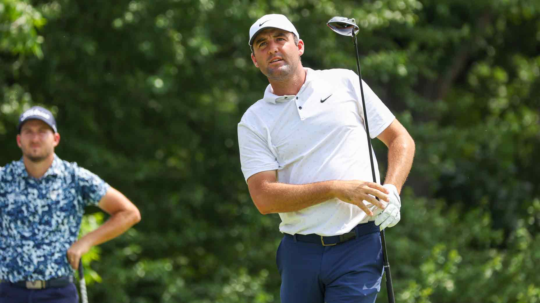 Scottie Scheffler (USA) watches his shot from the 12th tee during the third round of the Charles Schwab Challenge on May 24, 2025 at Colonial Country Club in Fort Worth, TX