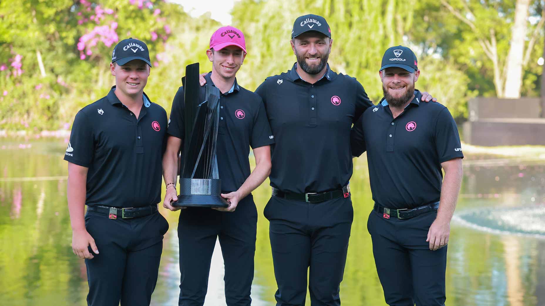 Tom McKibbin, second from left, poses with LIV Golf Legion XIII teammates ahead of the 2025 PGA Championship.
