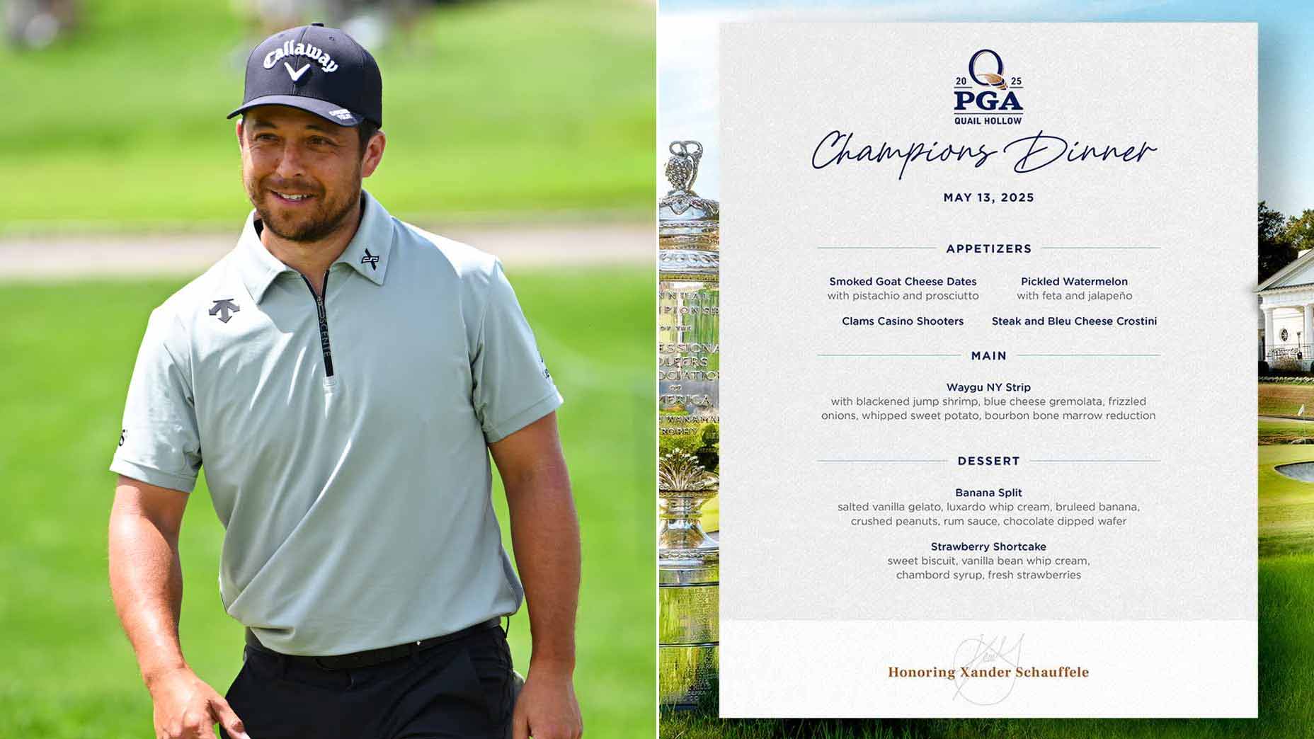 Split image of PGA Tour pro Xander Schauffele and his 2025 PGA Champions Dinner menu.