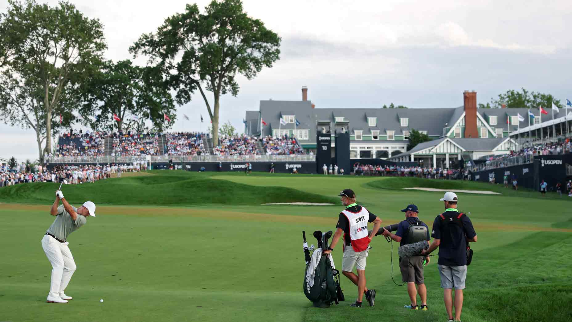 Adam Scott of Australia plays a shot on the 18th hole during the third round of the 125th U.S. OPEN at Oakmont Country Club on June 14, 2025 in Oakmont, Pennsylvania.
