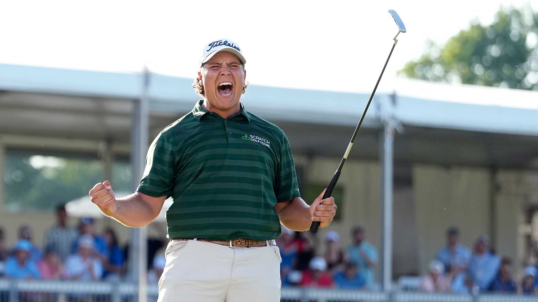 Aldrich Potgieter celebrates after holing the winning putt at the Rocket Classic on Sunday.