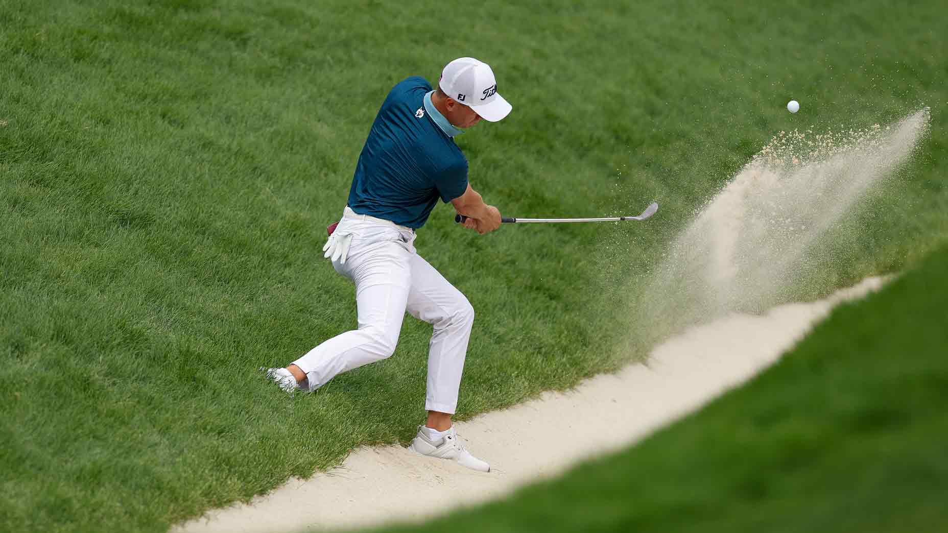 Justin Thomas of the United States plays a shot from the bunker on the 16th hole during the second round of the 125th U.S. OPEN at Oakmont Country Club on June 13, 2025 in Oakmont, Pennsylvania.