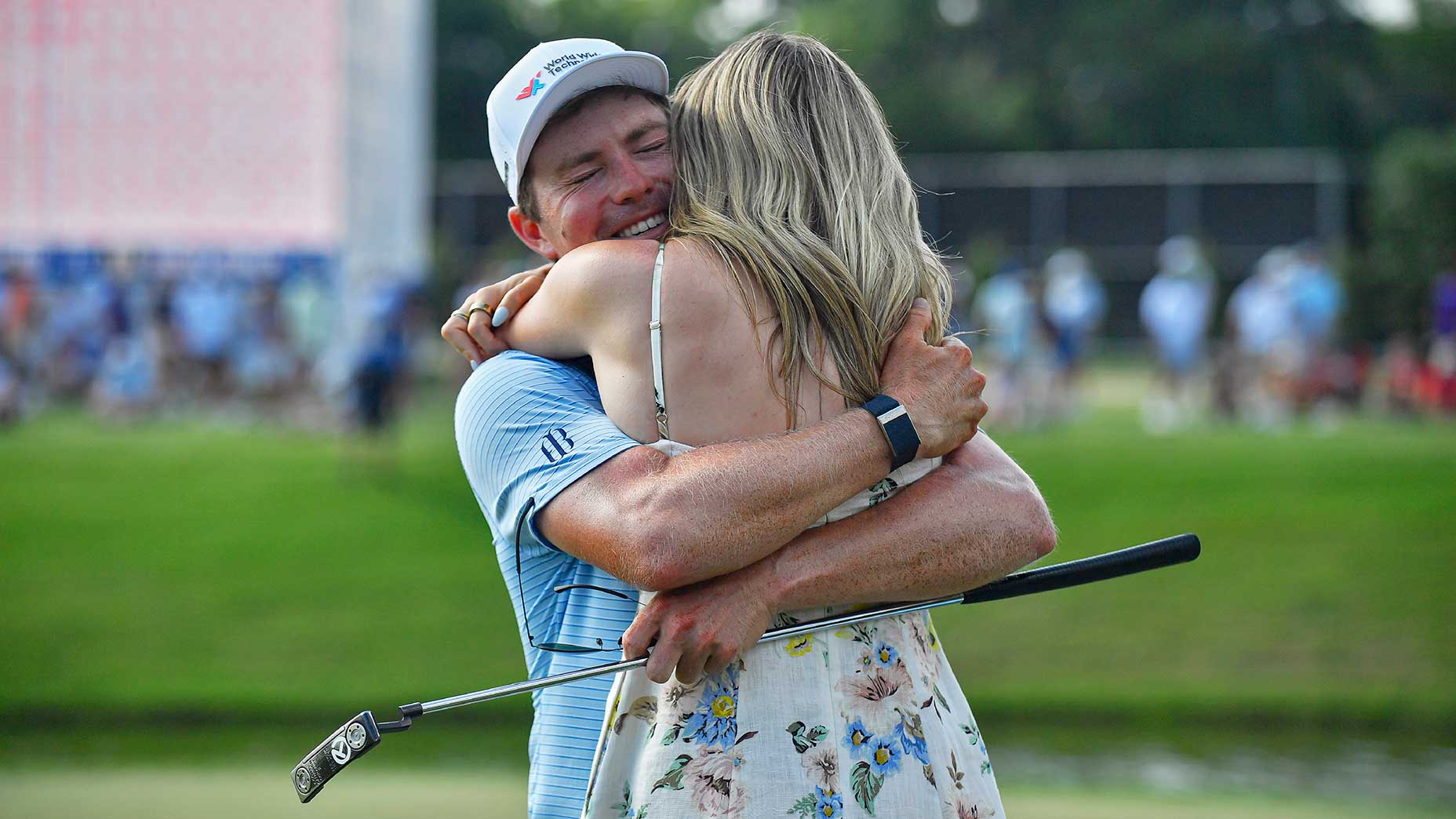 Ben Griffin hugs his fiancee Dana Myeroff after winning the Charles Schwab Challenge on May 25, 2025.