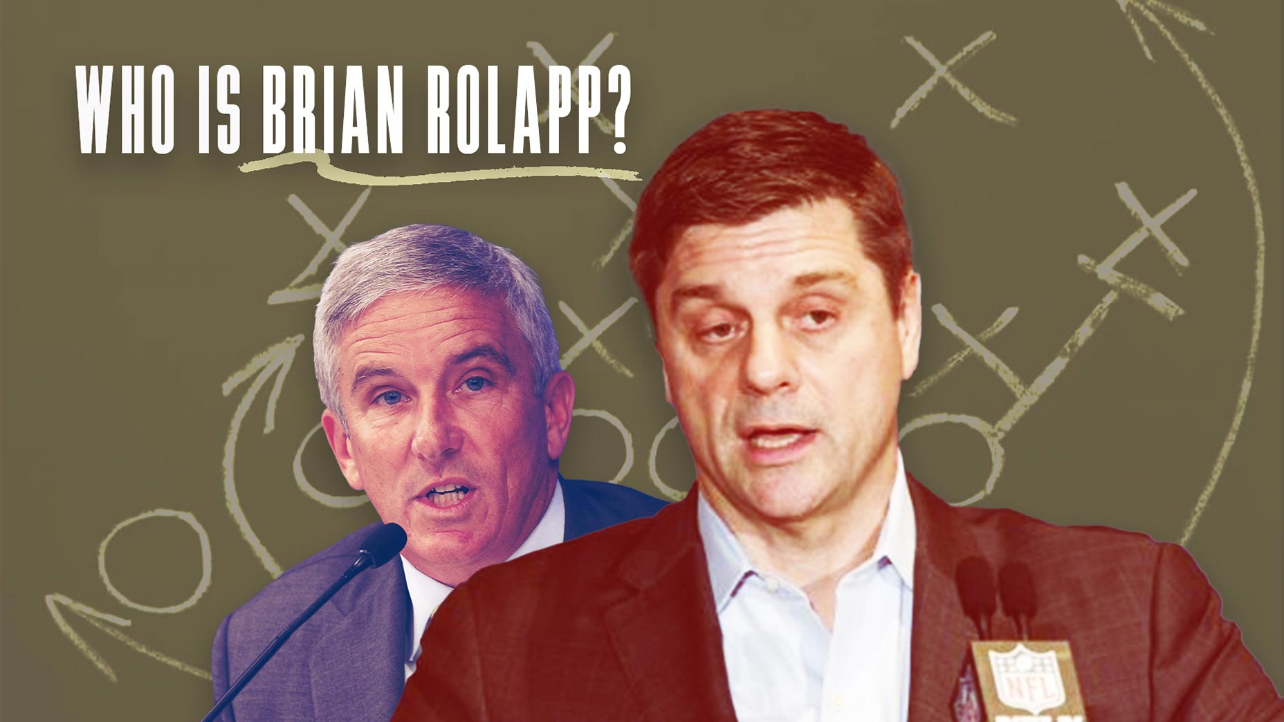brian rolapp speaks at an NFL media press conference in an illustration in front of Jay Monahan.