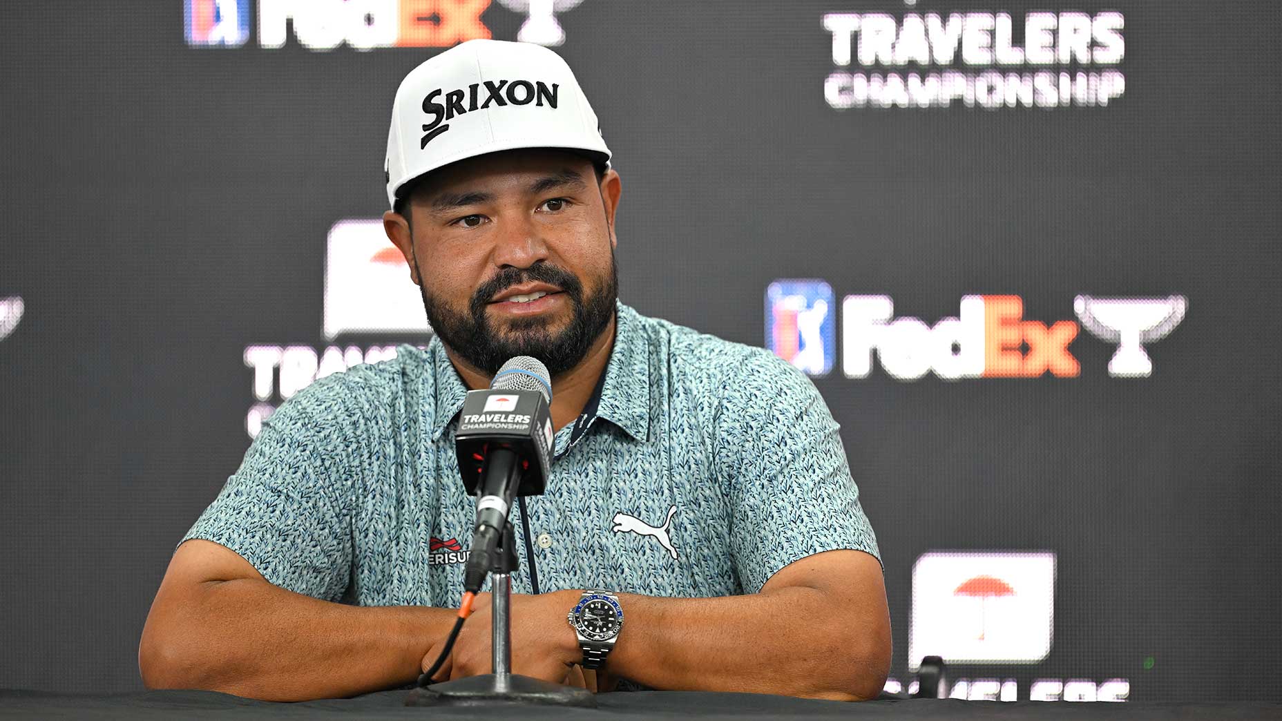 J.J. Spaun speaks with the media prior at the Travelers Championship on Wednesday in Cromwell, Conn.