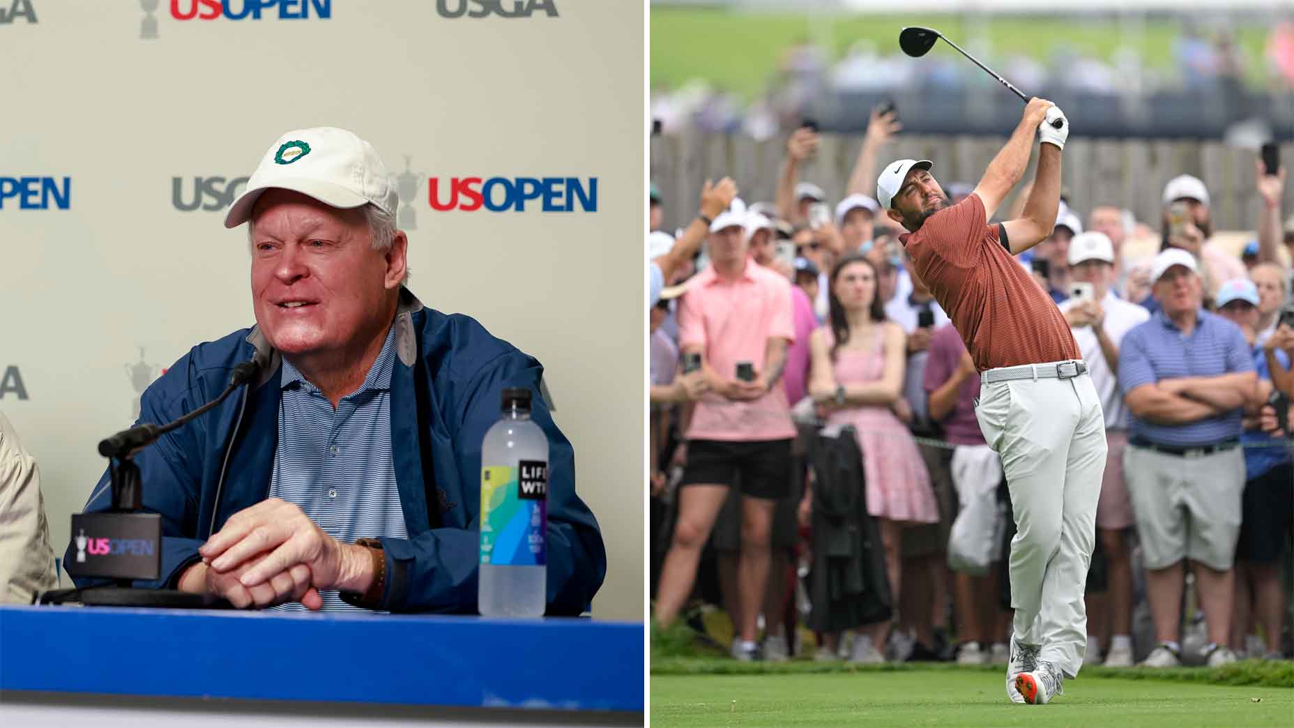 johnny miller speaks to the media / scottie scheffler swings during the 2025 u.s. open