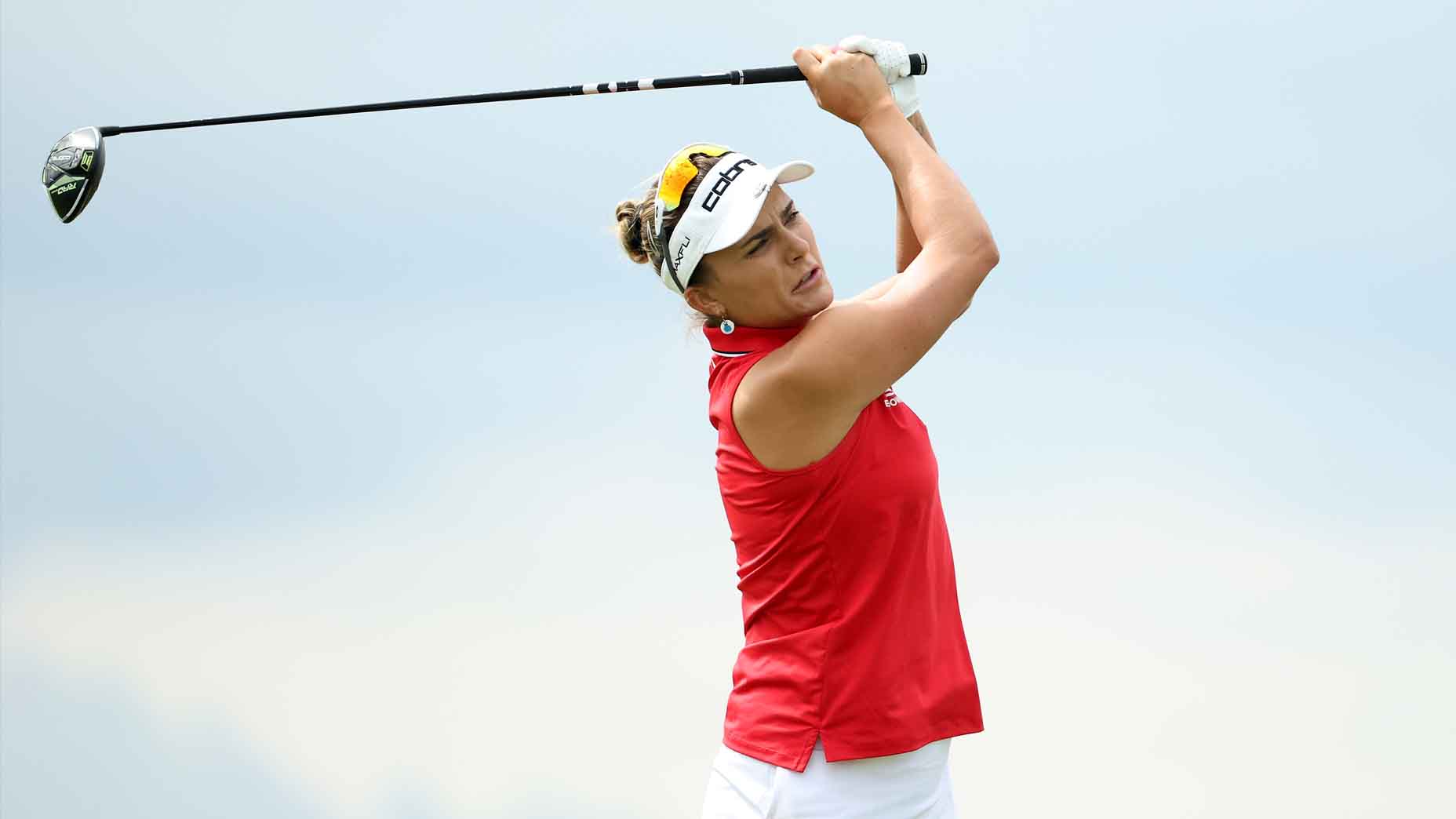 Lexi Thompson hits a tee shot during the 2025 U.S. Women's Open