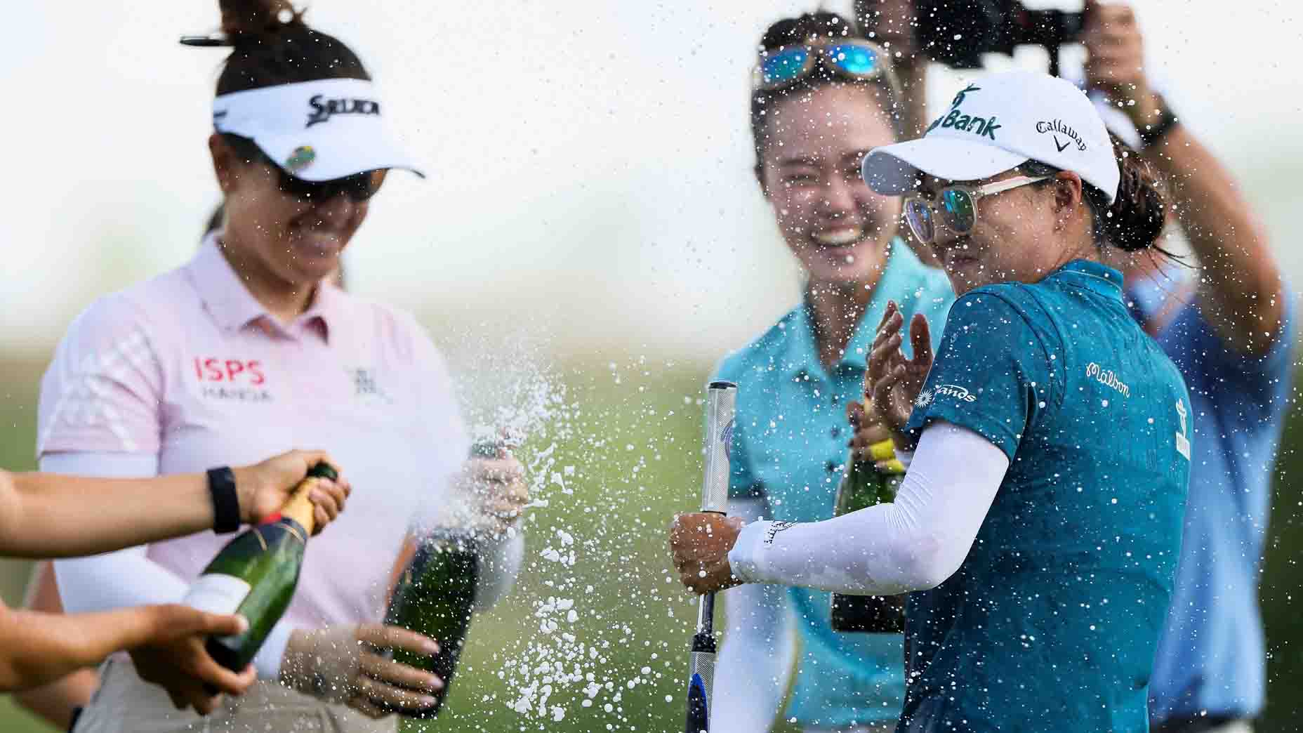 Minjee Lee celebrates after winning the 2025 Women's KPMG Championship