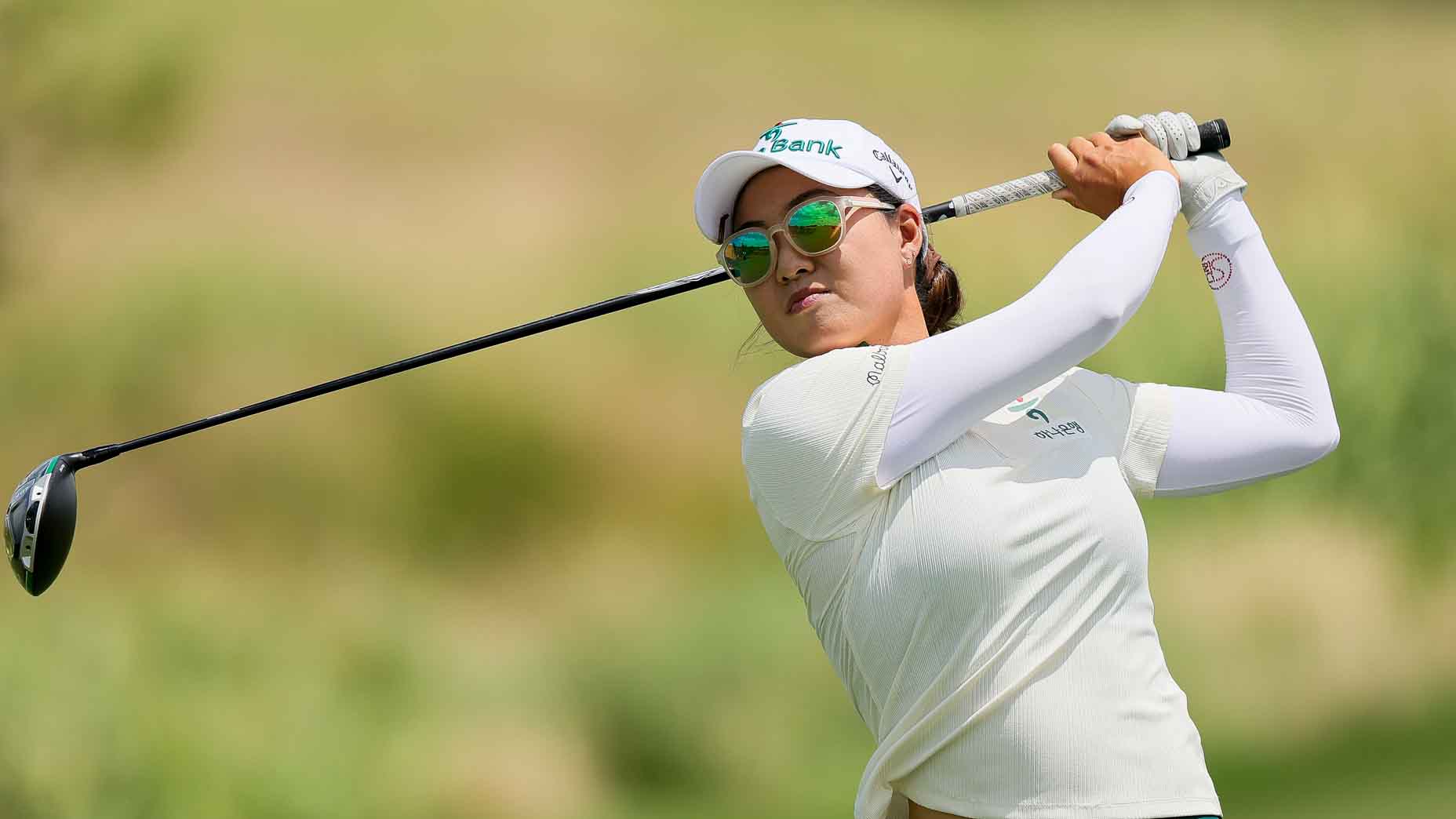 Minjee Lee hits a tee shot during the third round of the 2025 KPMG Women's PGA Championship