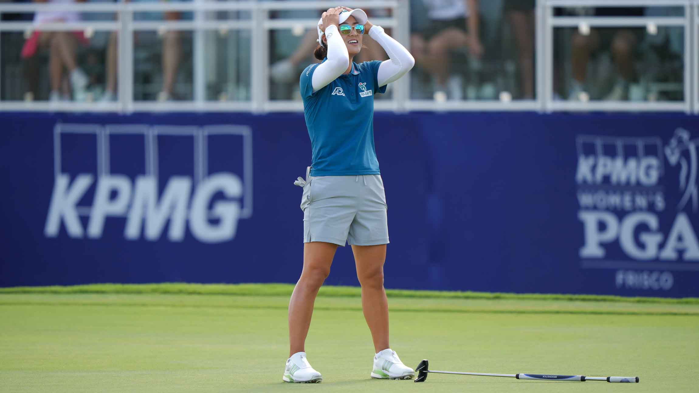 Minjee Lee celebrates after making her putt on the 18th hole to win the KPMG Women's PGA Championship at Fields Ranch East at PGA Frisco