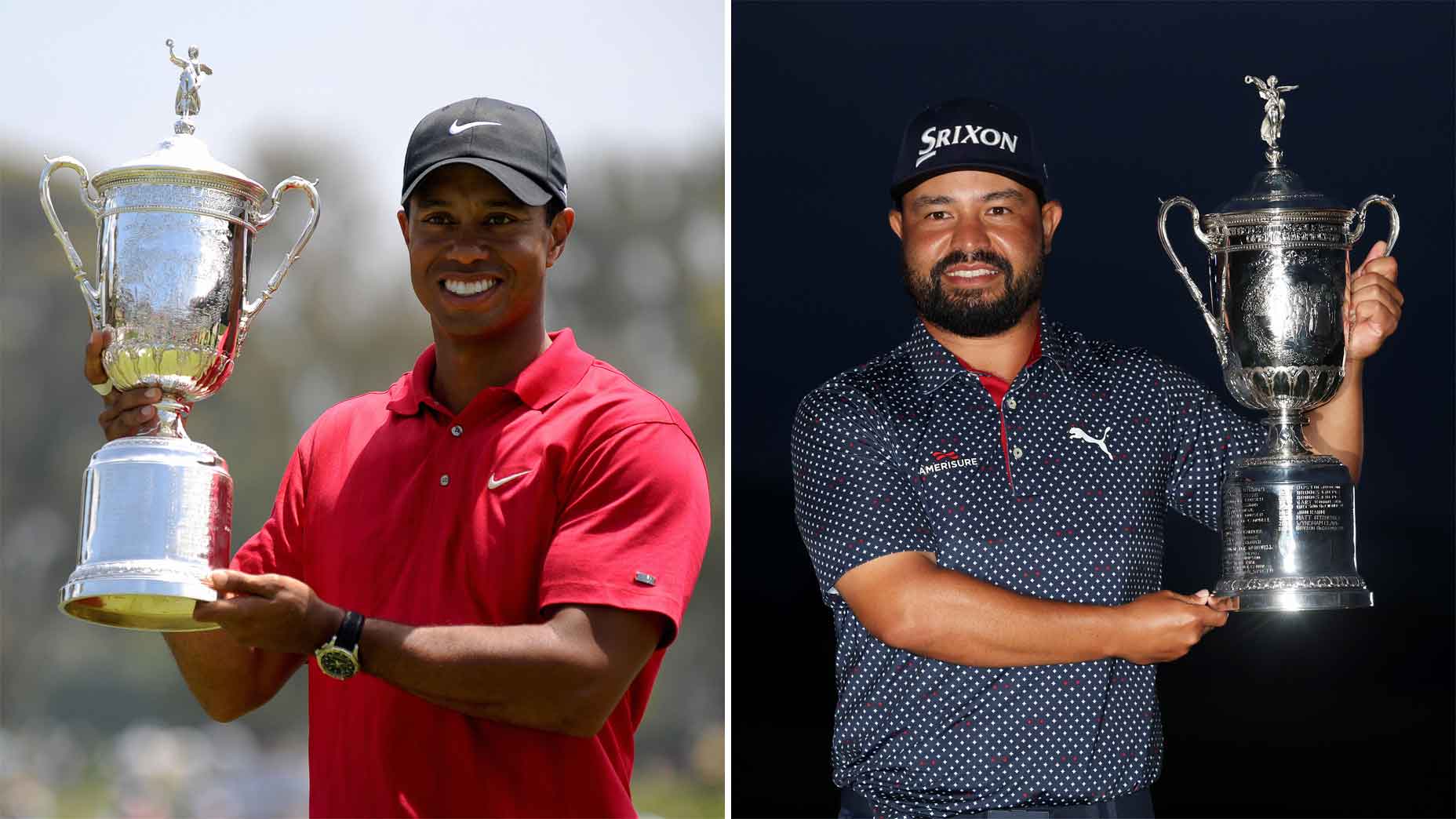 tiger woods and j.j. spaun pose with their u.s. open trophies