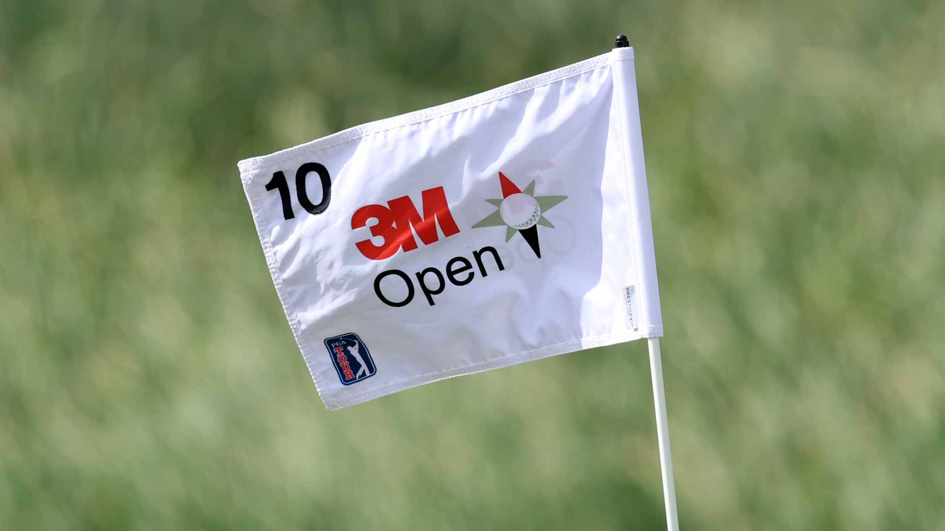 A 2025 3M Open pin flag photographed at TPC Twin Cities' 10th green.