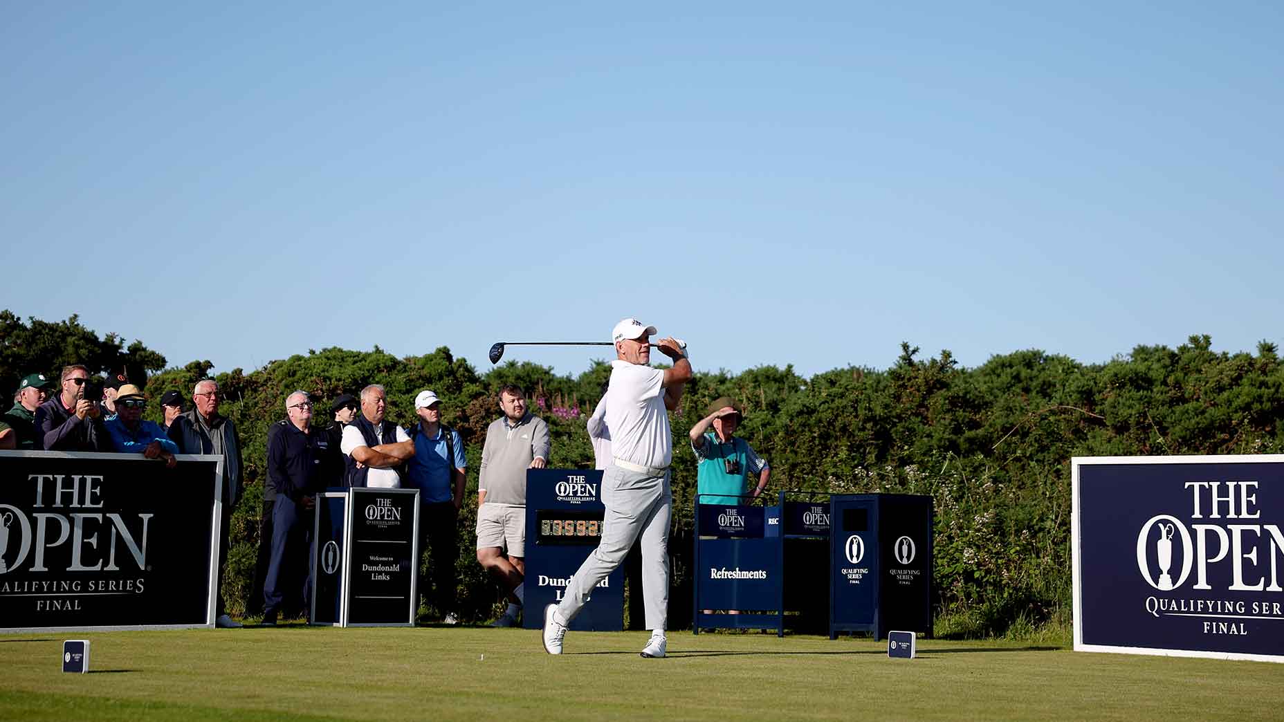 Liv pro Lee Westwood hits drive at Open qualifying